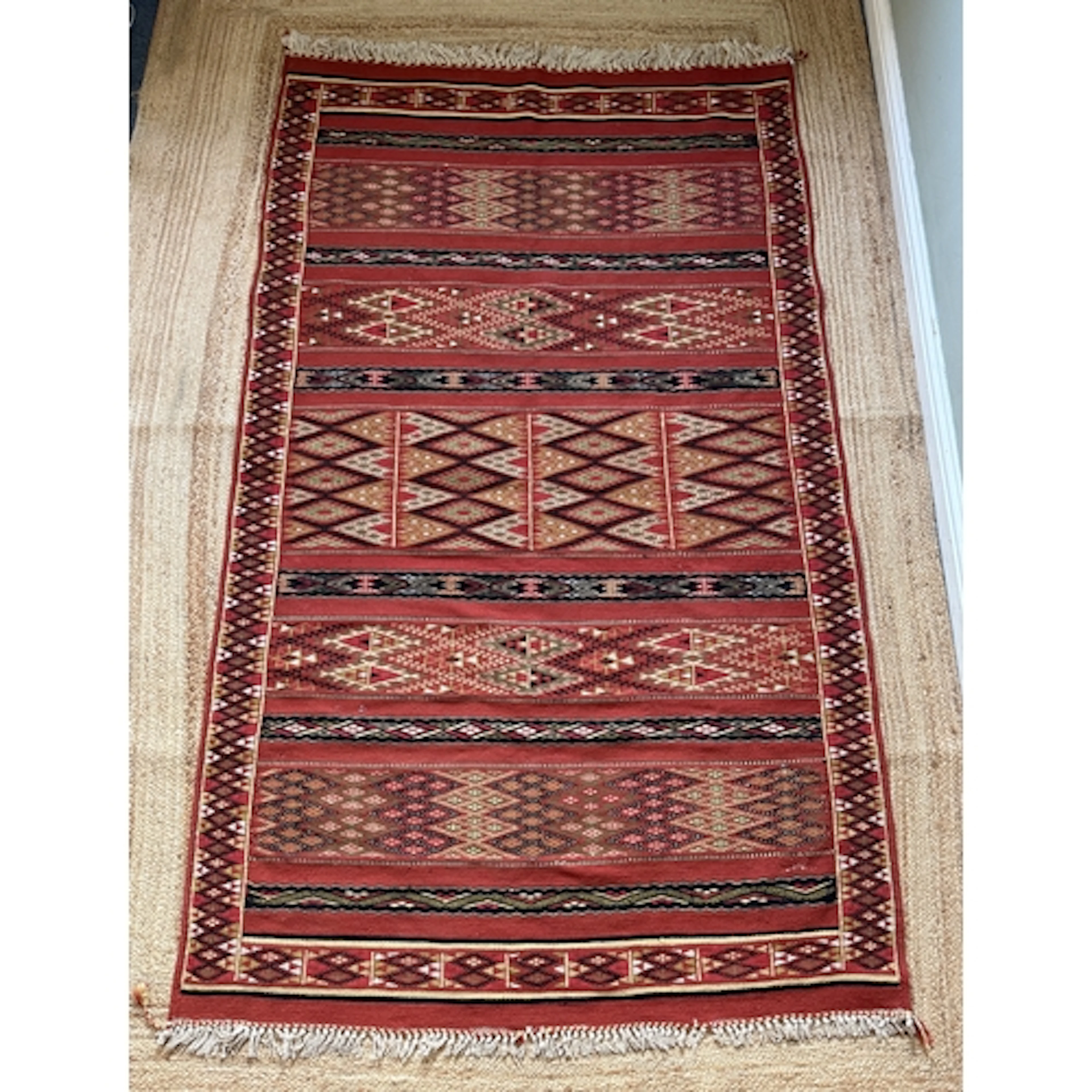 A Moroccan Zemmour kilim rug - with banded geometric decorat...