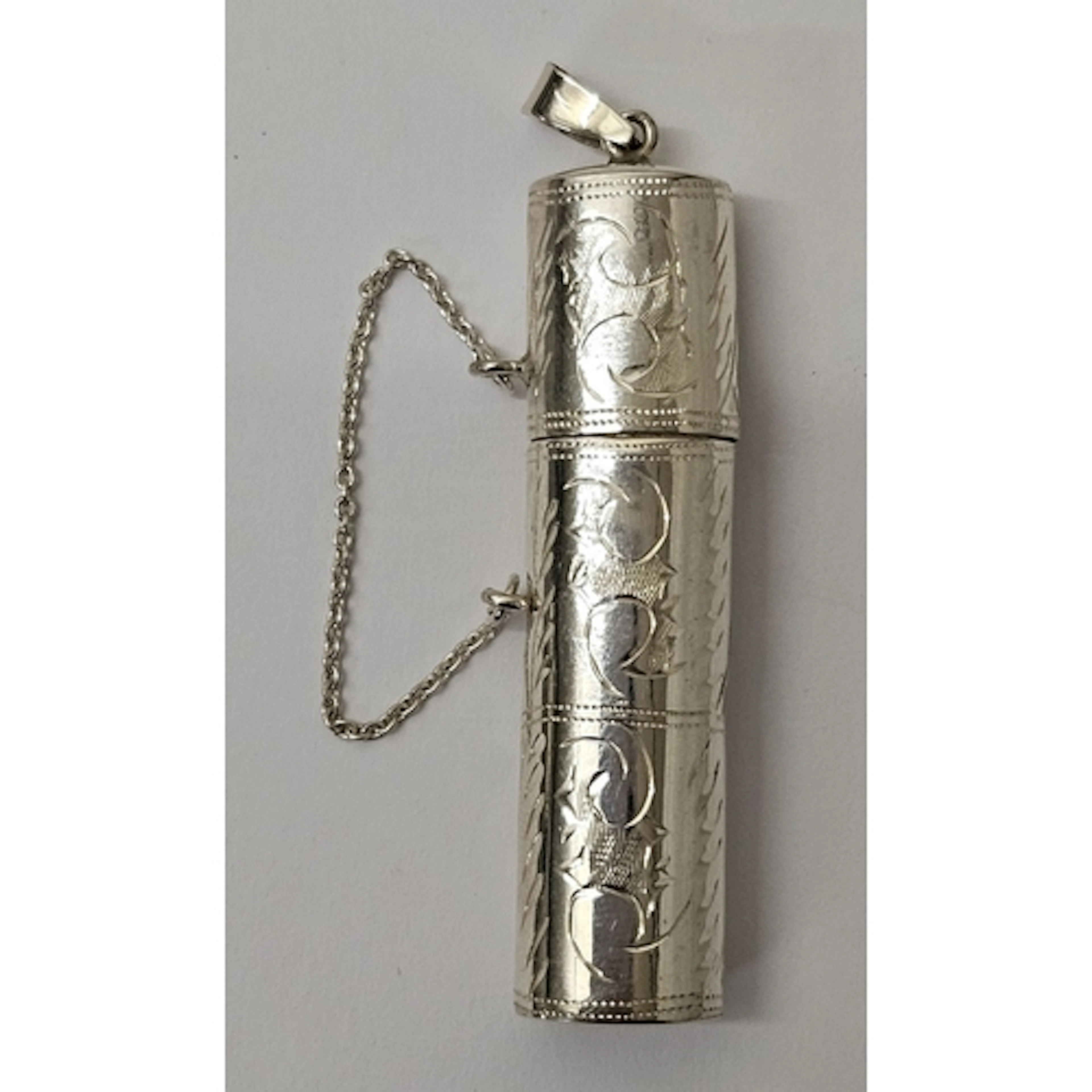 Silver Engraved Rectangular Pin Case with pull off cap, safe...