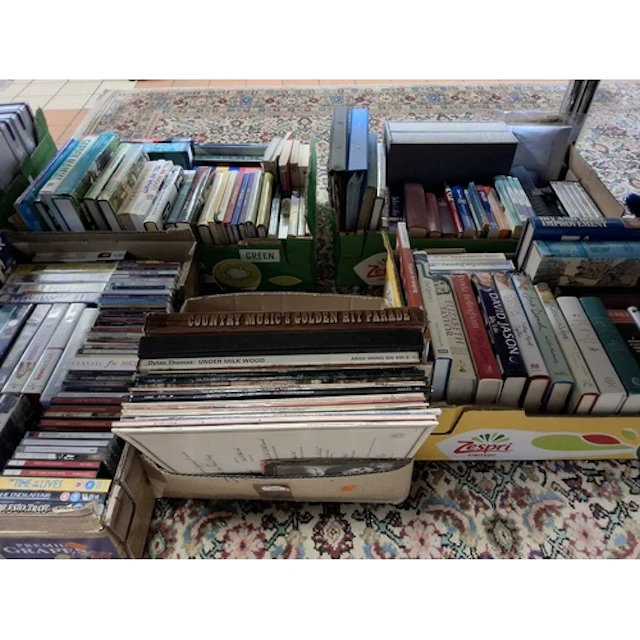 FIVE BOXES OF BOOKS, DVDS AND RECORDS, to include approximat...