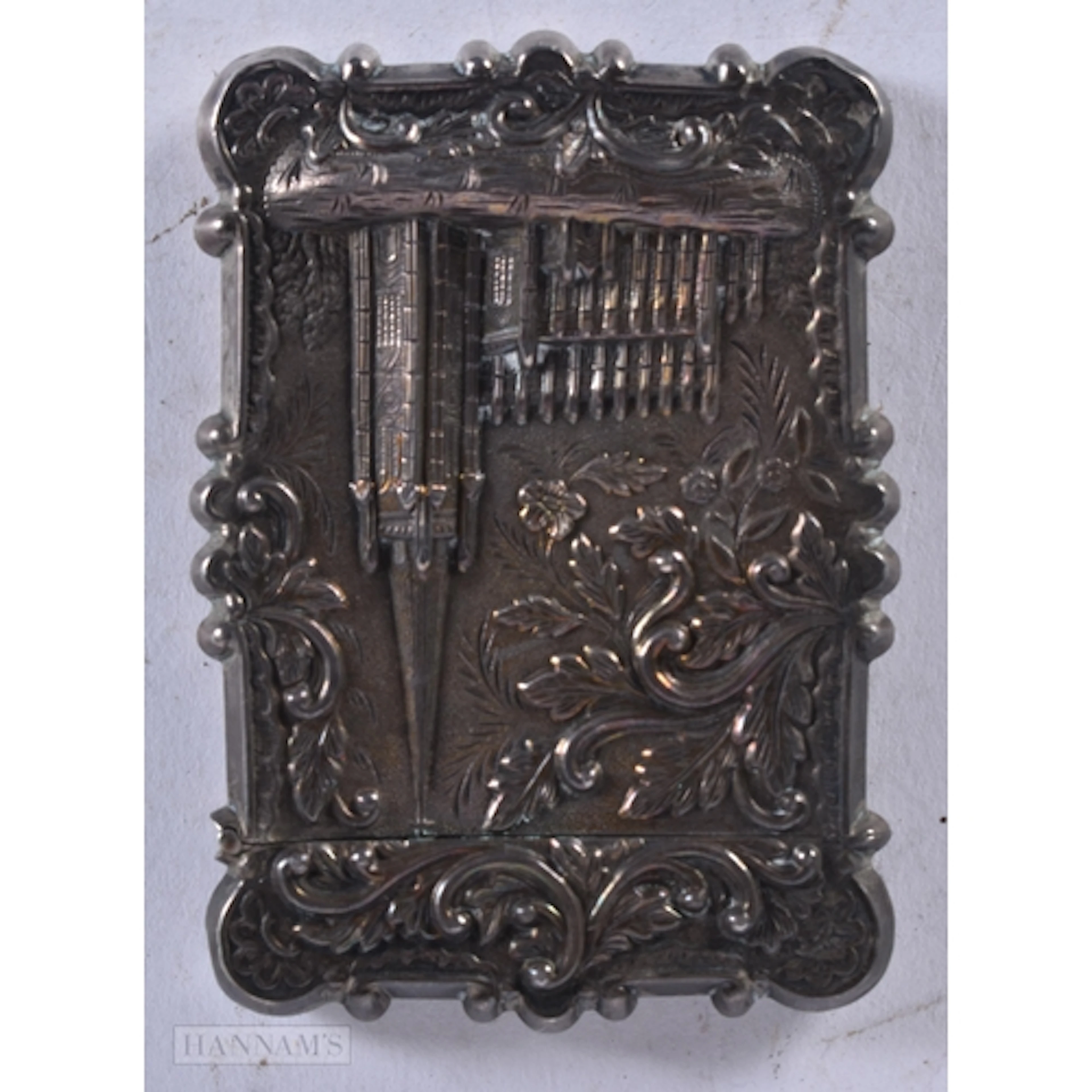 AN ANTIQUE SILVER CATHEDRAL TOP CARD CASE. 44 grams. 8.75 cm...