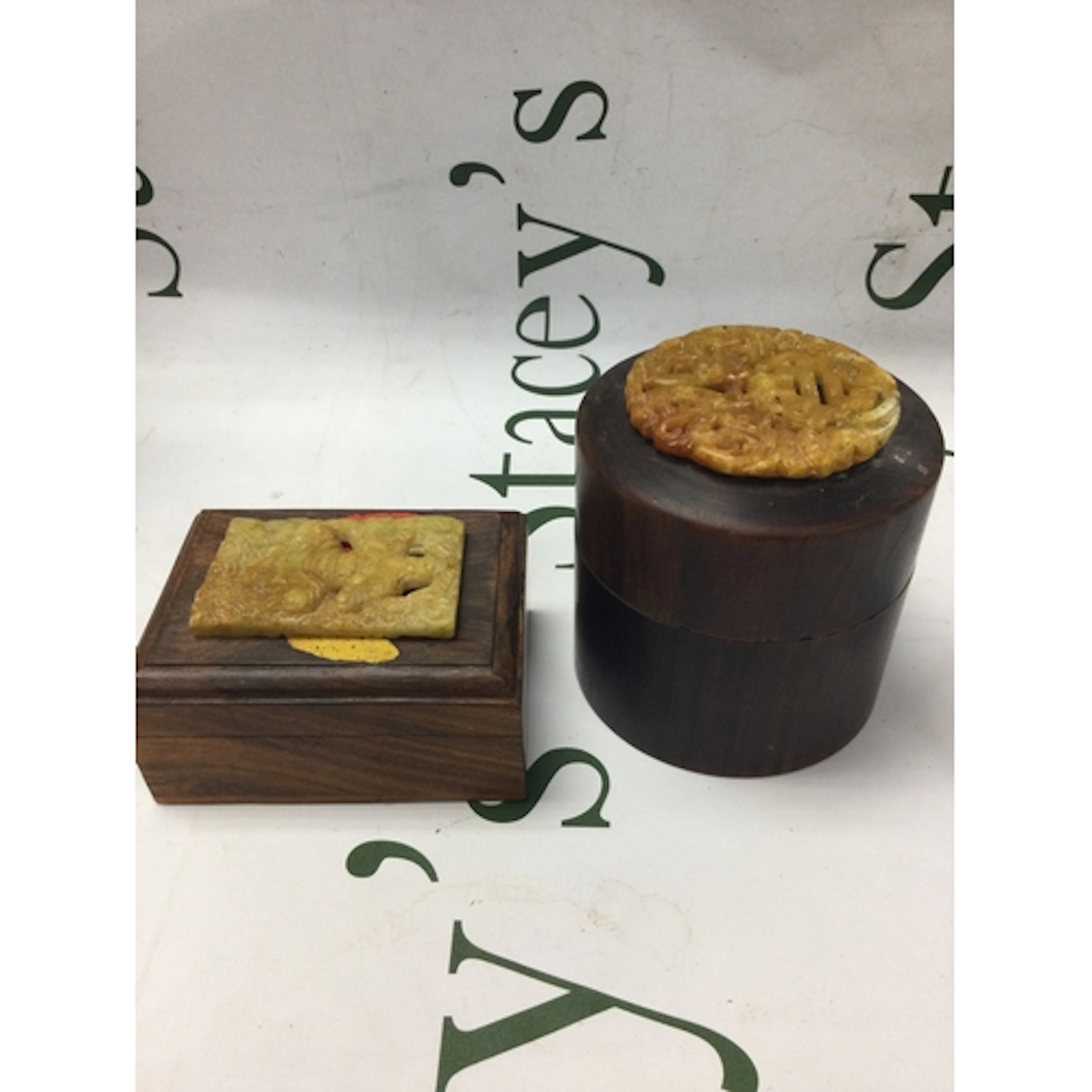 2 Chinese hardwood boxes with pierced Jade on the lid