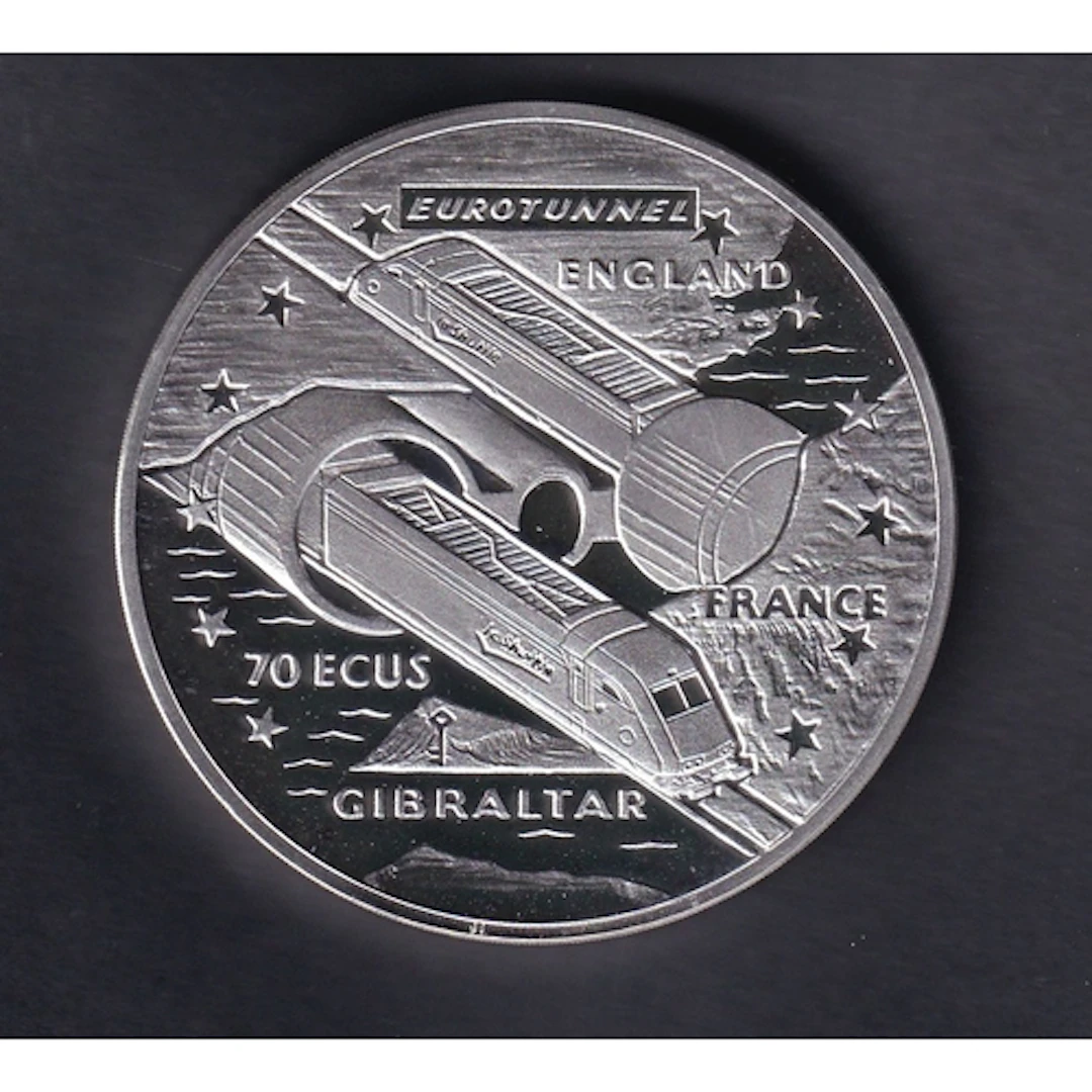 1993 Gibraltar, Eurotunnel commemorative silver 70 Ecus coin...