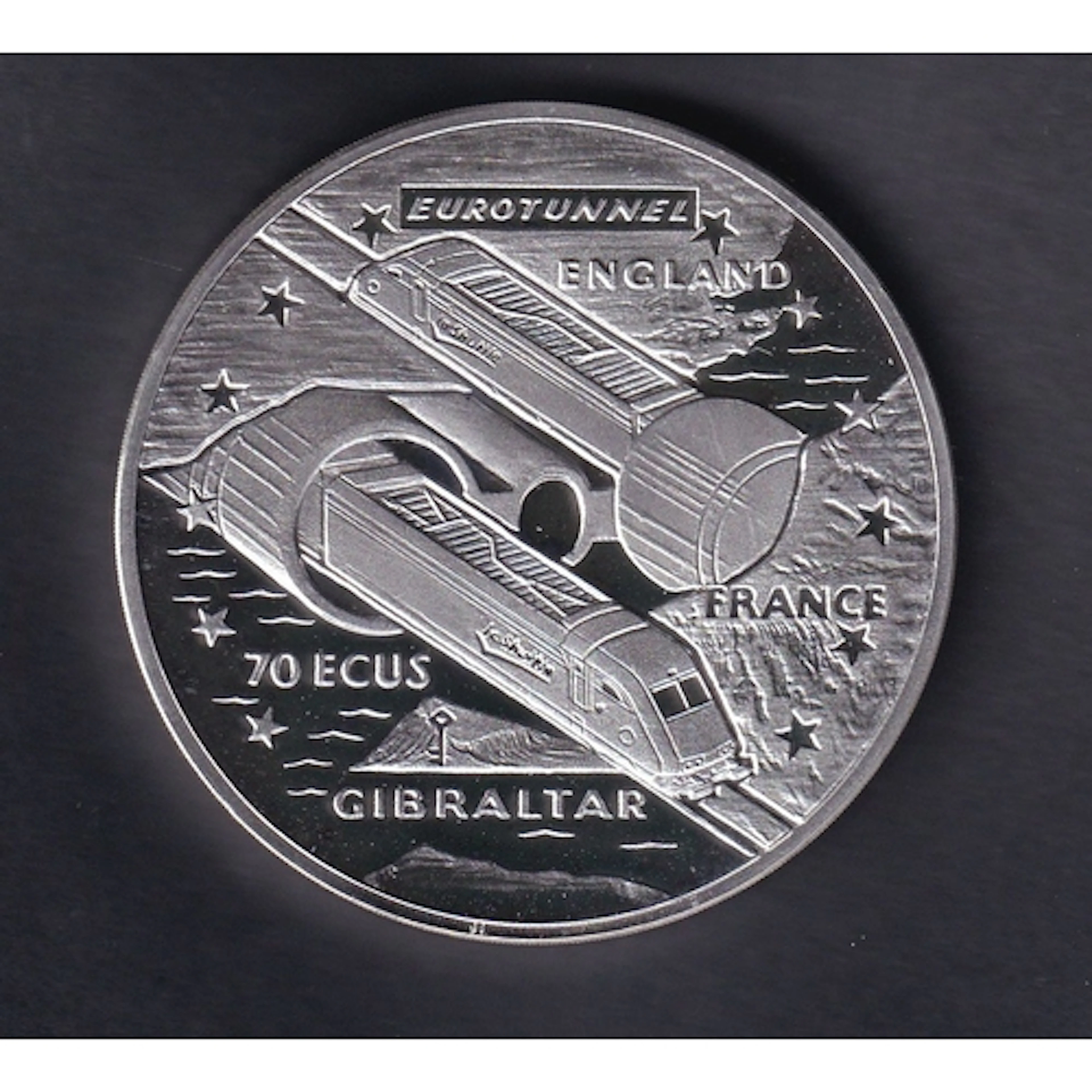 1993 Gibraltar, Eurotunnel commemorative silver 70 Ecus coin...