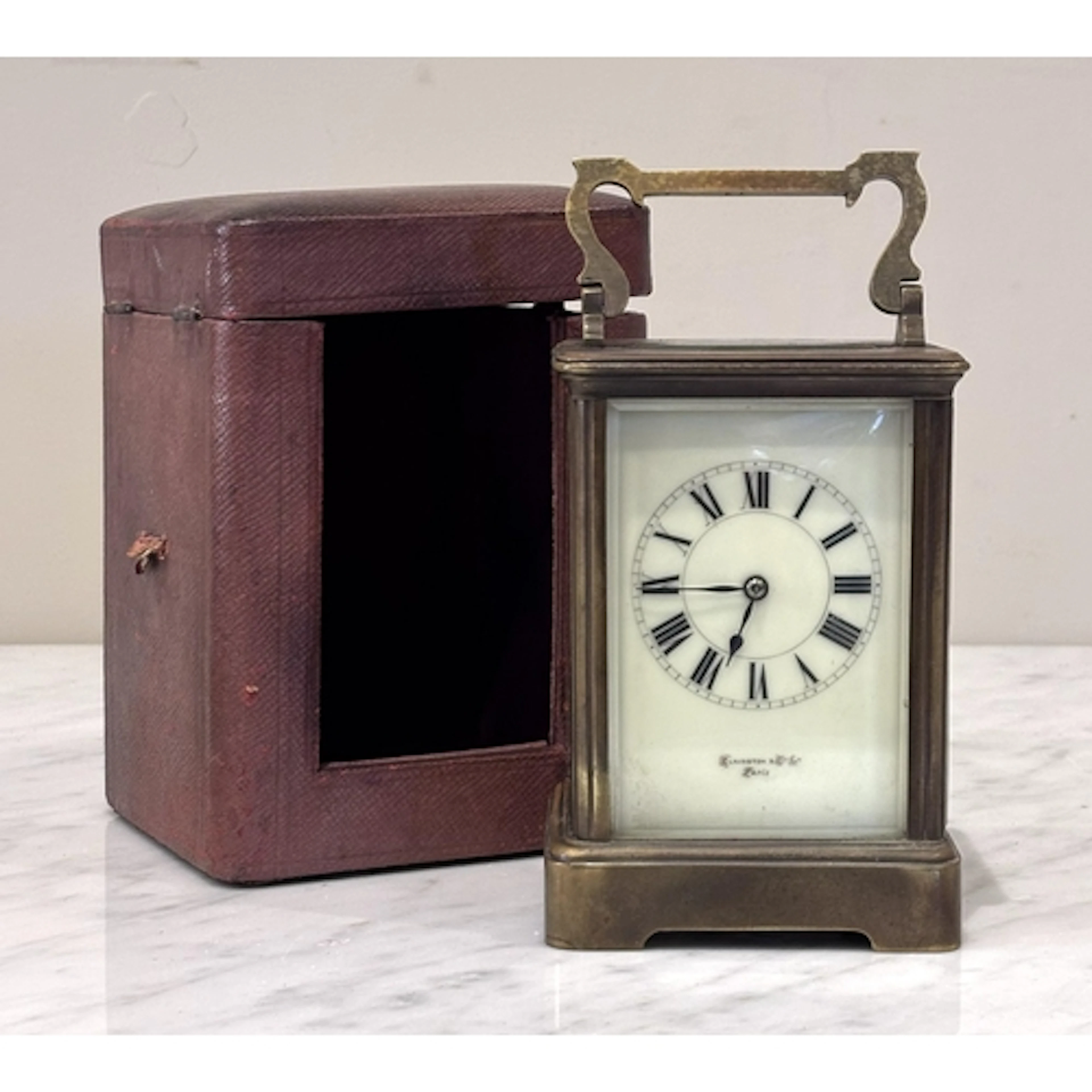 A French lacquered brass carriage timepiece, late 19th centu...