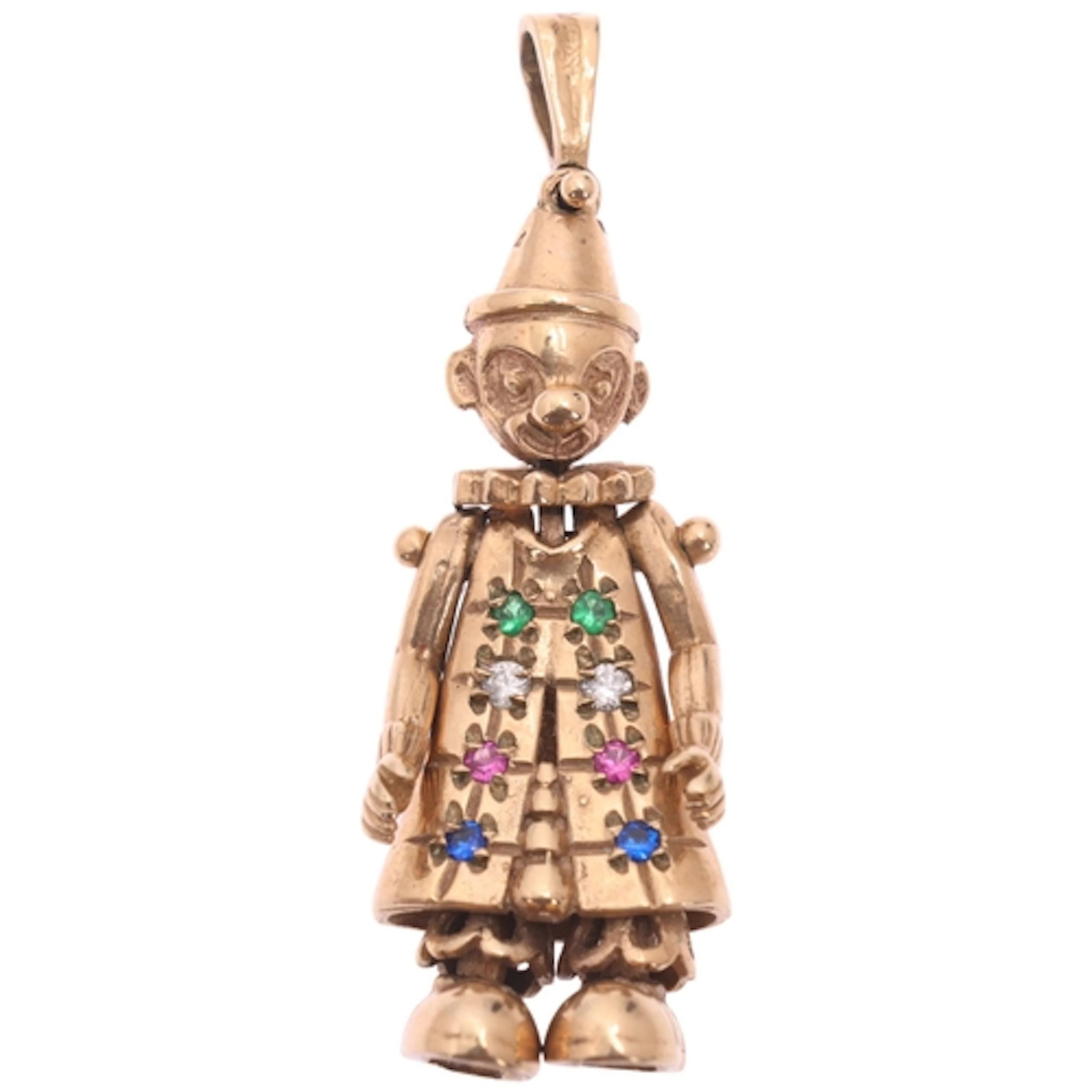 A Vintage 9ct gold gem set novelty articulated clown pendant...