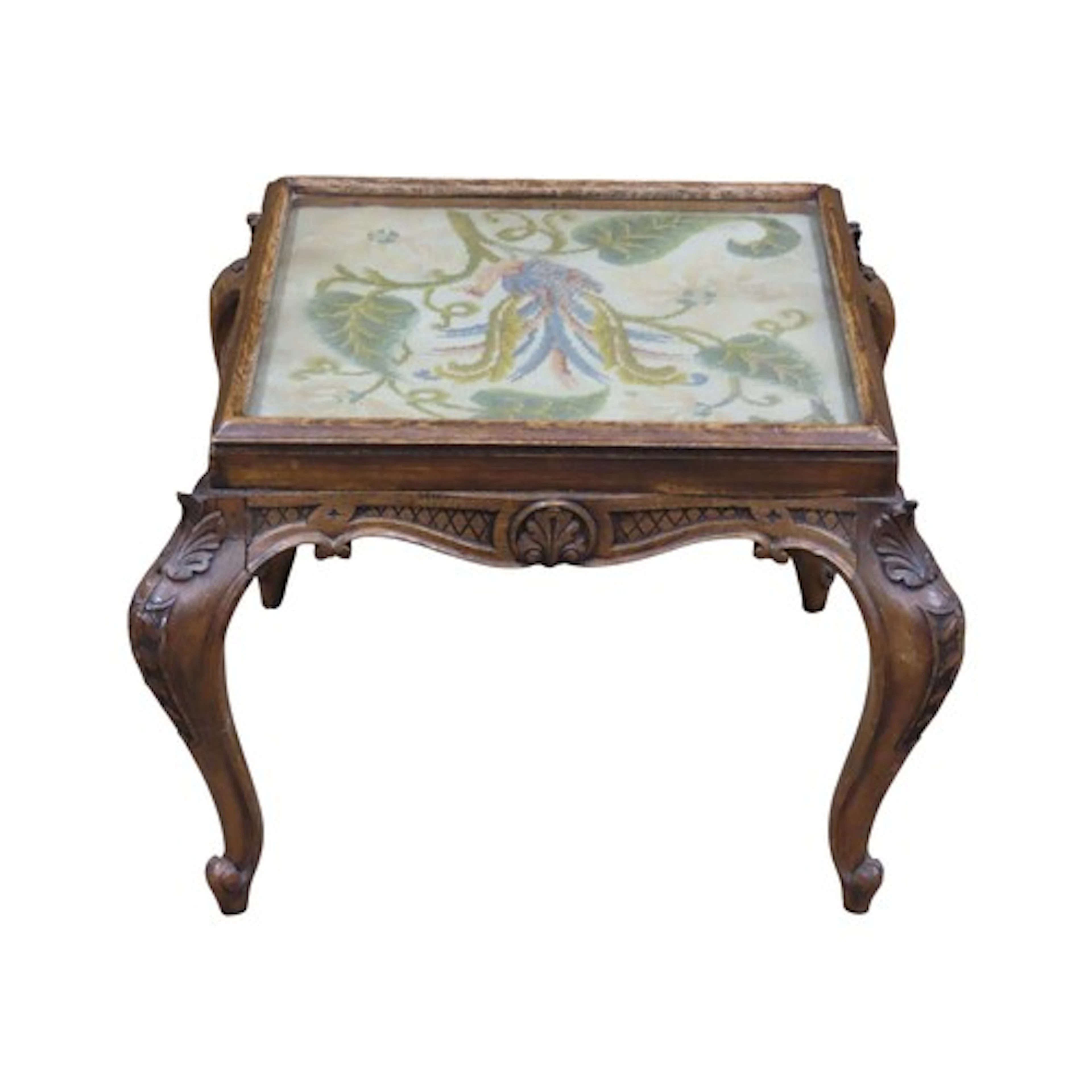 A 19th century oak stool with cabriole legs and later handwo...