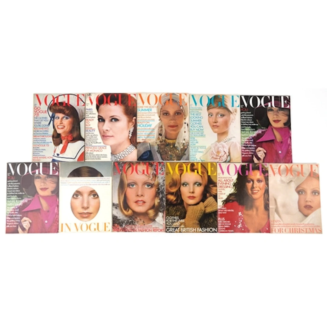Collection of 1972 Vogue magazines.