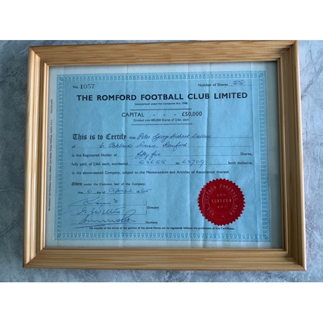 Romford Football Memorabilia: Framed 1965 share certificate ...