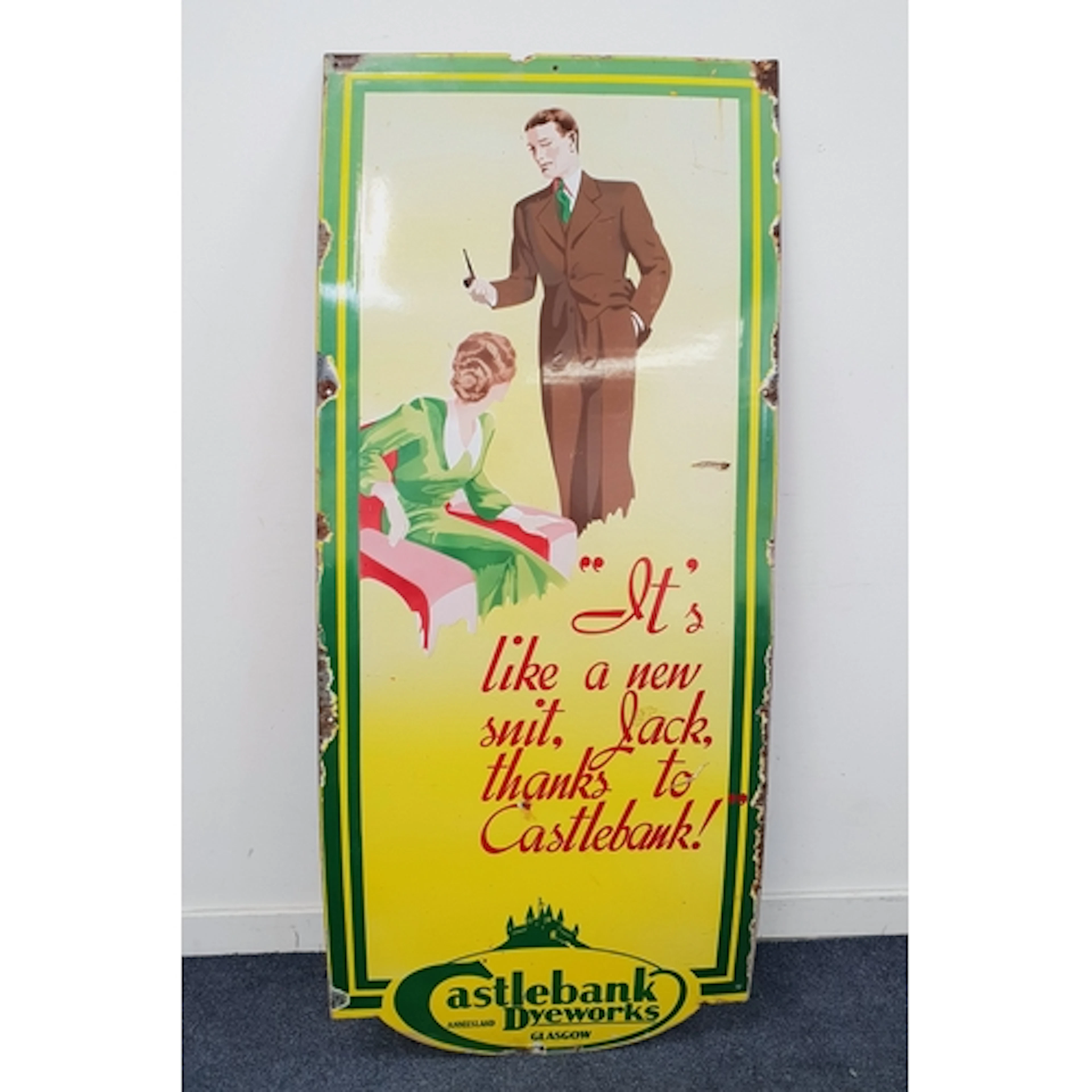 VERY LARGE VINTAGE PICTORIAL CASTLEBANK DYEWORKS ENAMEL ADVE...
