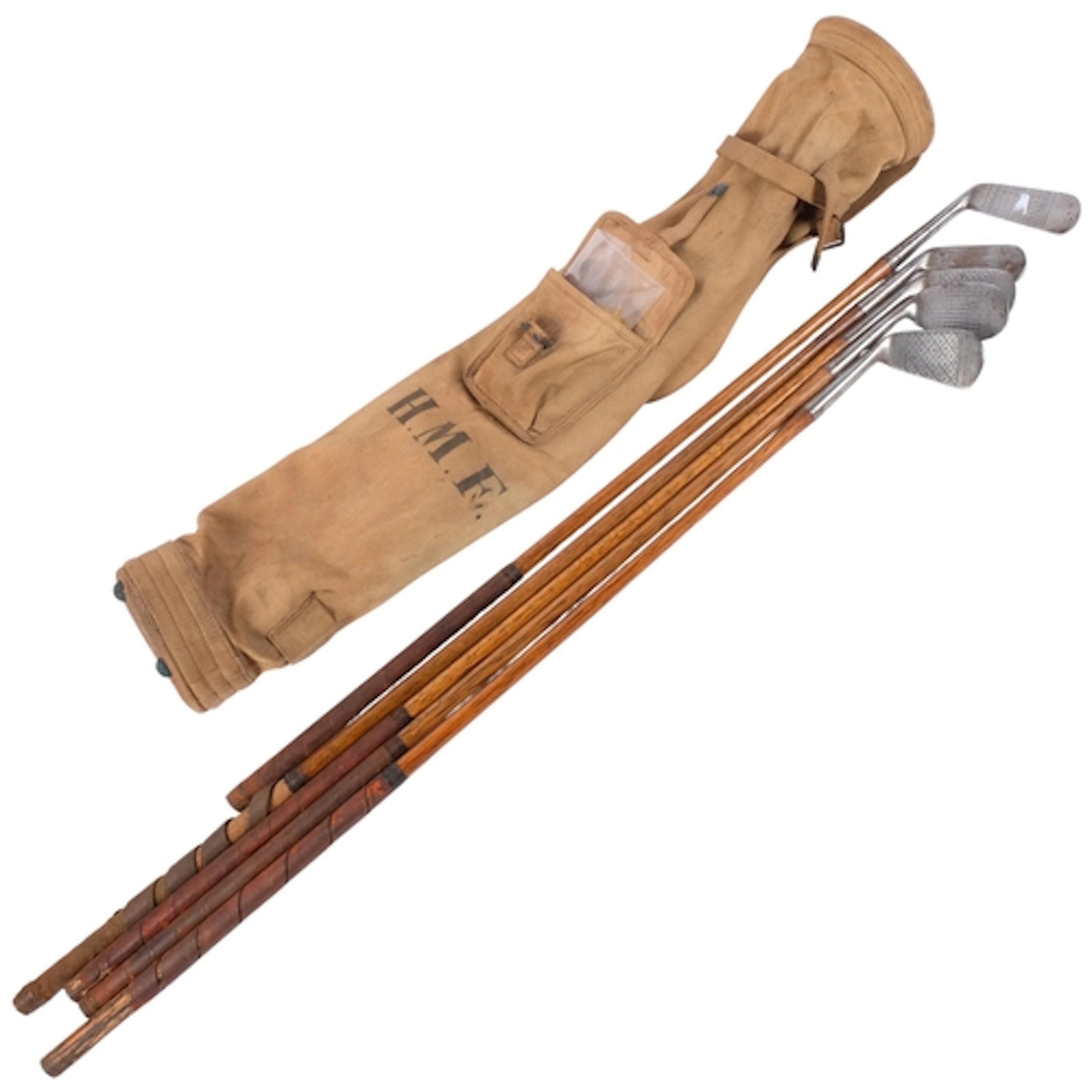 An Antique canvas golfing lightweight carry bag, containing ...