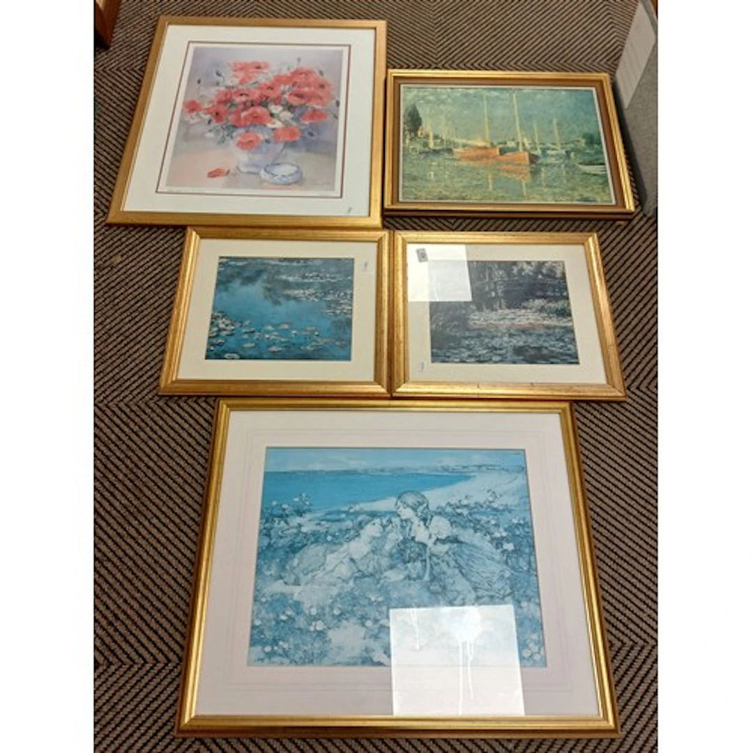 Three Claude Monet prints, Edward Hornel prints and another.