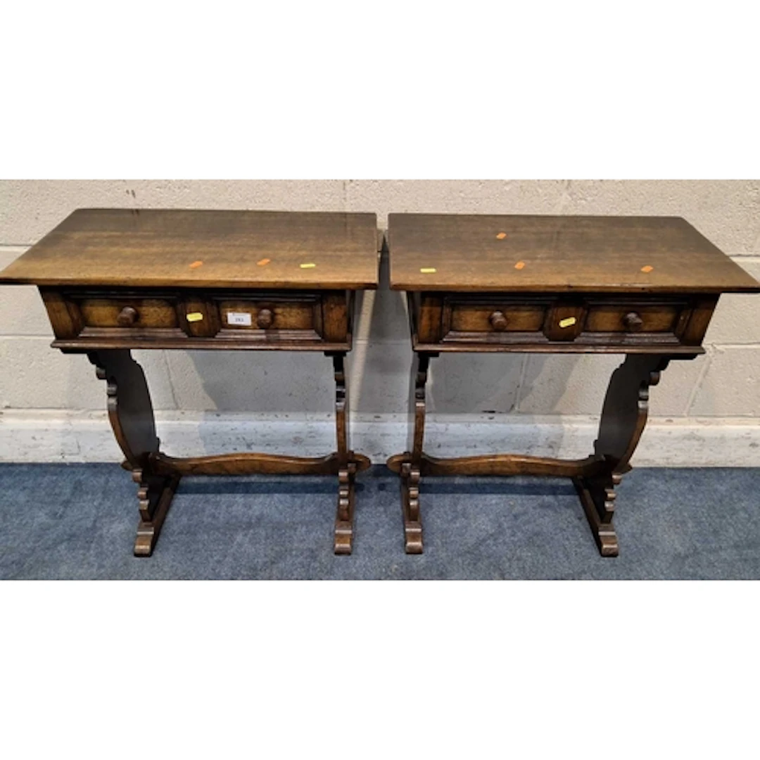 TITCHMARSH AND GOODWIN, A PAIR OF OAK SIDE TABLES, each fitt...