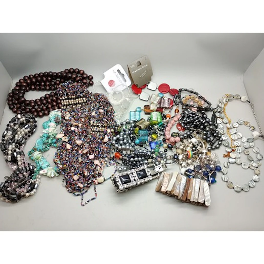 A collection of costume bracelets and necklaces
