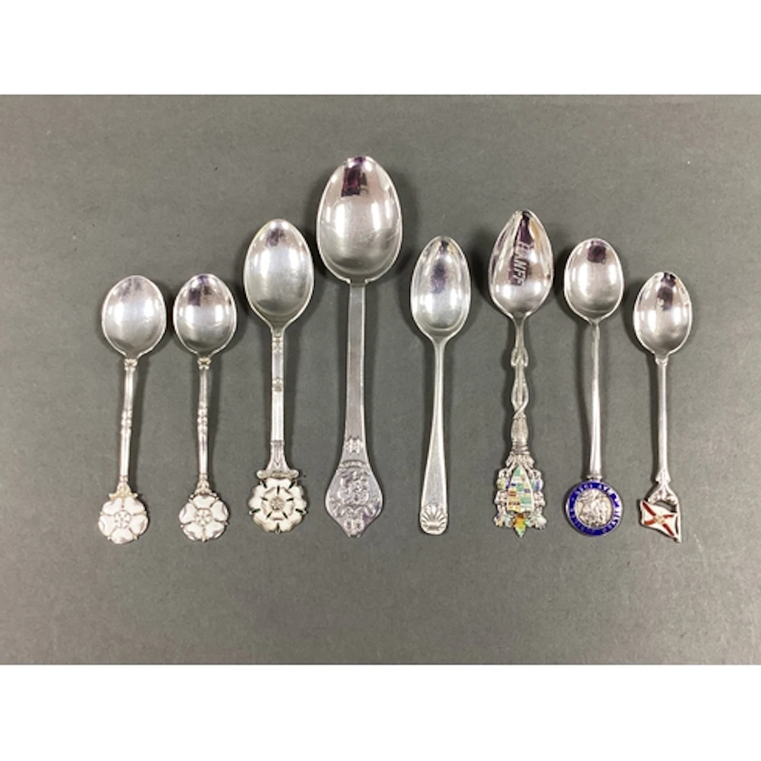 Hallmarked Silver and Other Teaspoons, including enamel high...