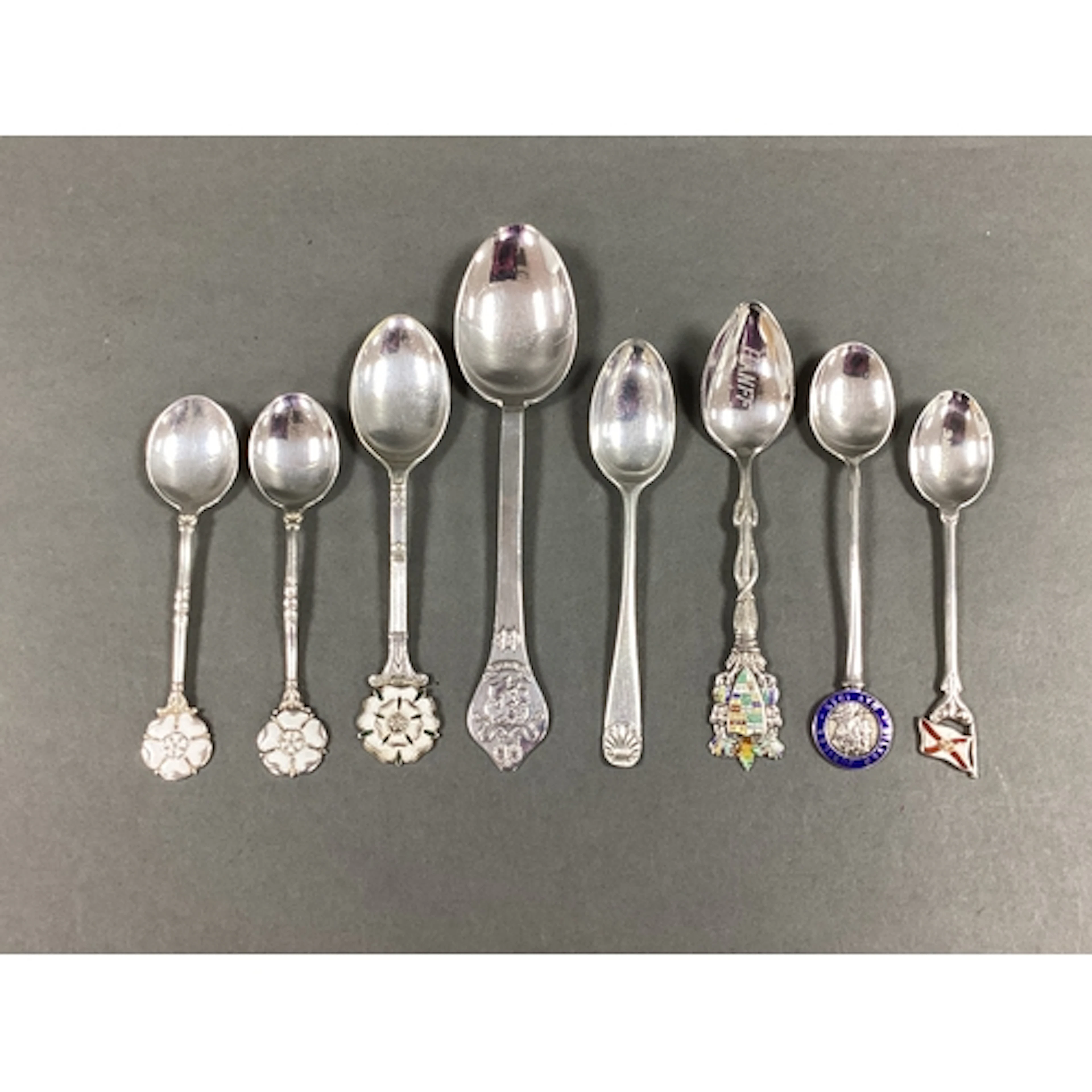 Hallmarked Silver and Other Teaspoons, including enamel high...