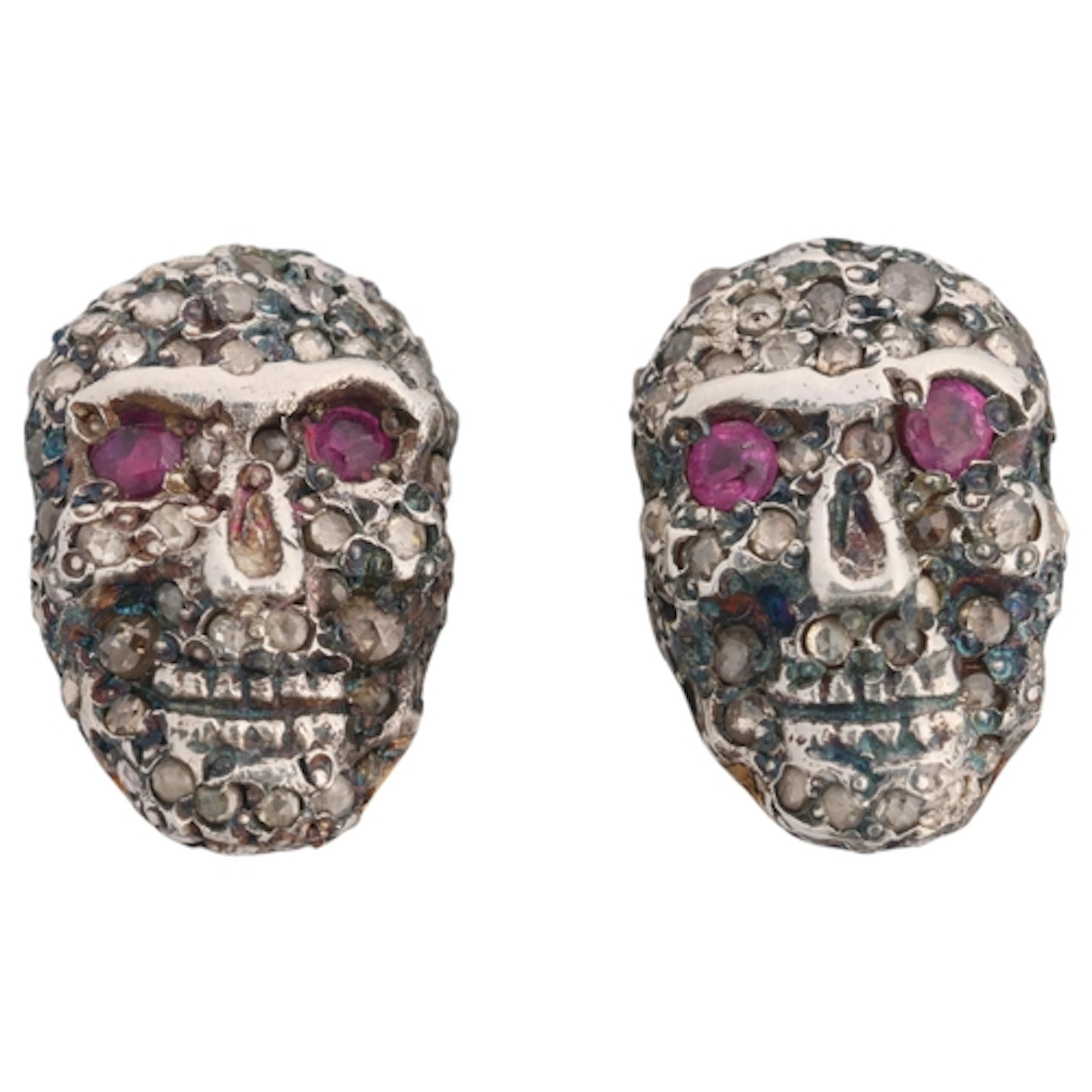 A pair of Contemporary 18ct gold and silver ruby and diamond...