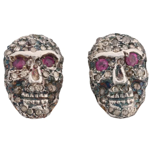 A pair of Contemporary 18ct gold and silver ruby and diamond...