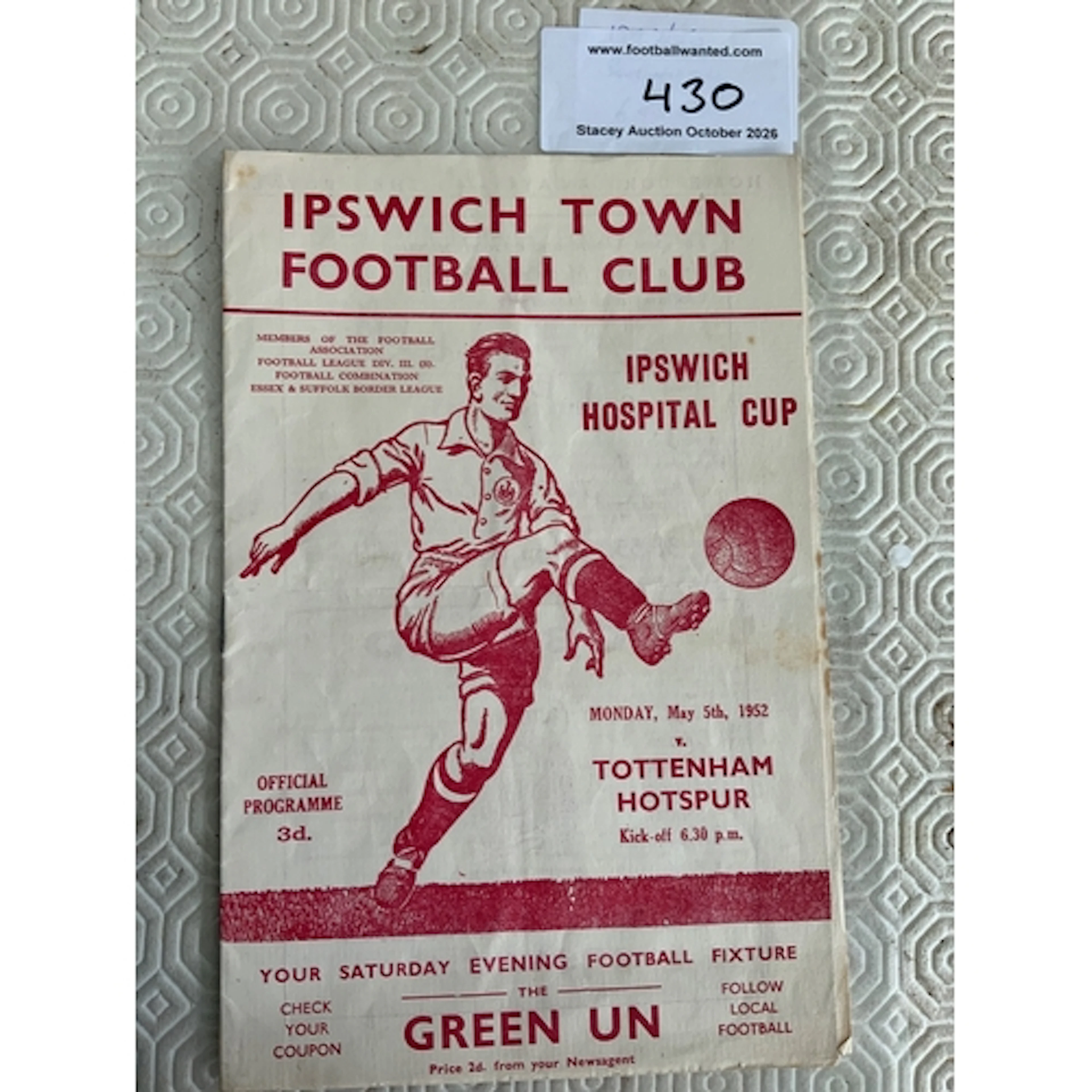 51/52 Ipswich v Tottenham Hospital Cup Football Programme: E...