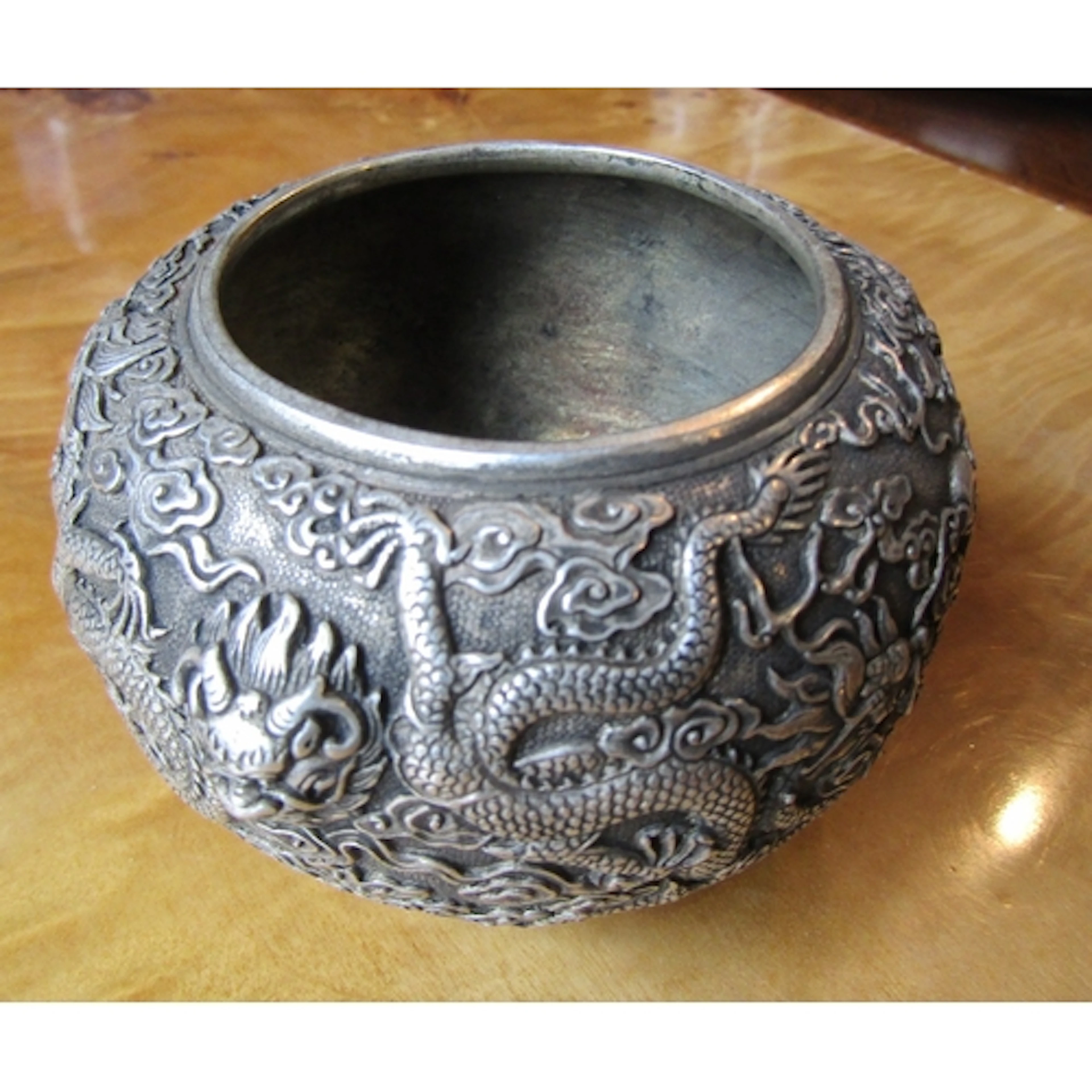 Chinese Dragon Motif Decorated White Metal Bowl of Bollister...