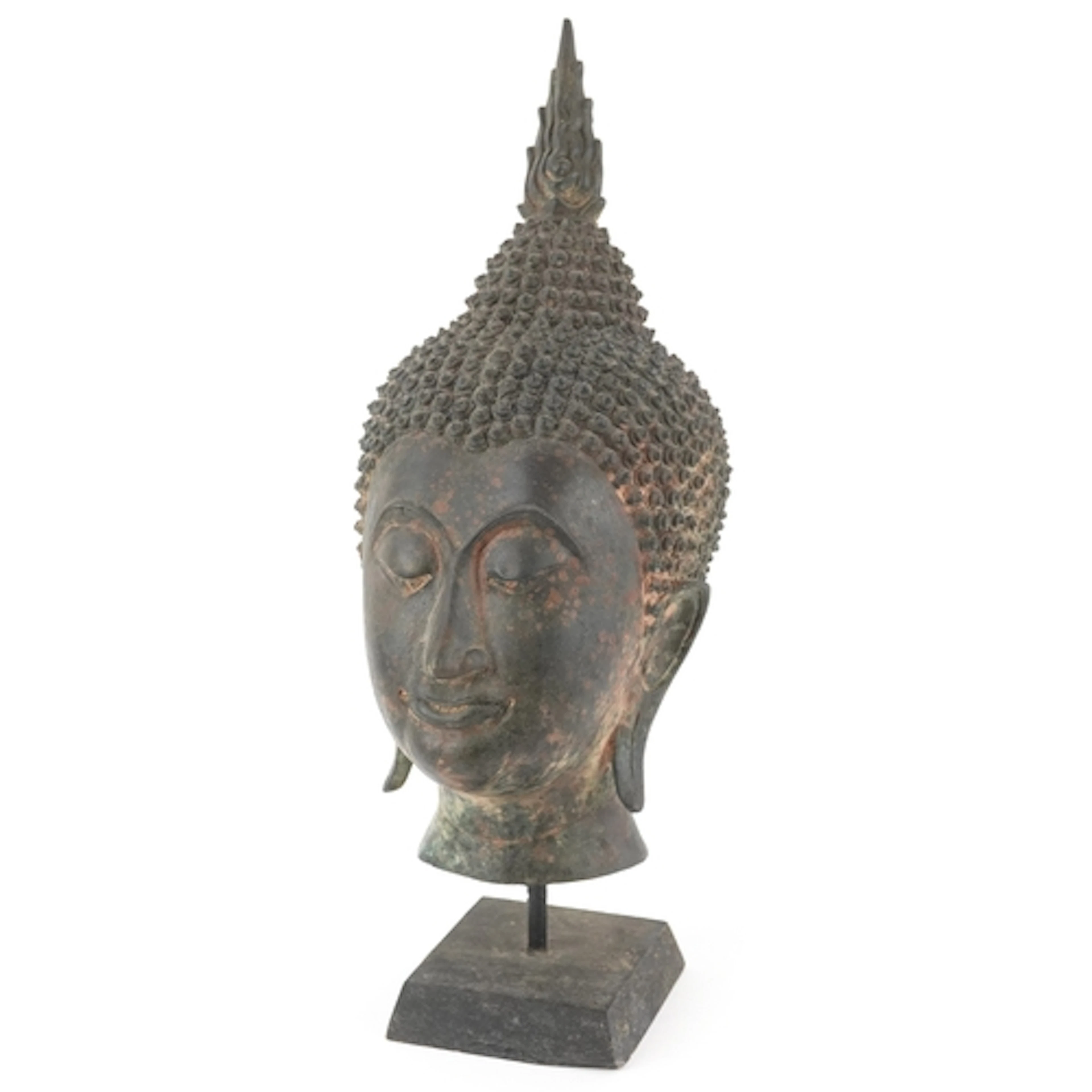 A Thai bronze Buddha head sculpture mounted on a wooden plin...