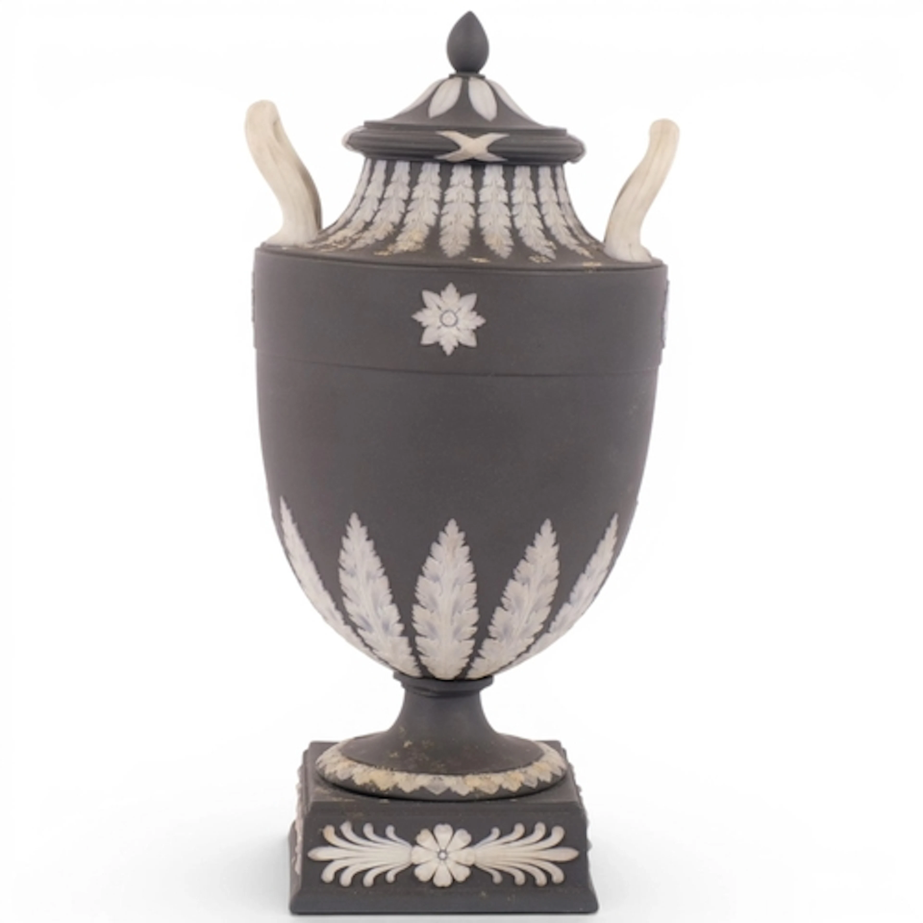 A Wedgwood black Jasperware Neo-Classical 2-handled urn and ...
