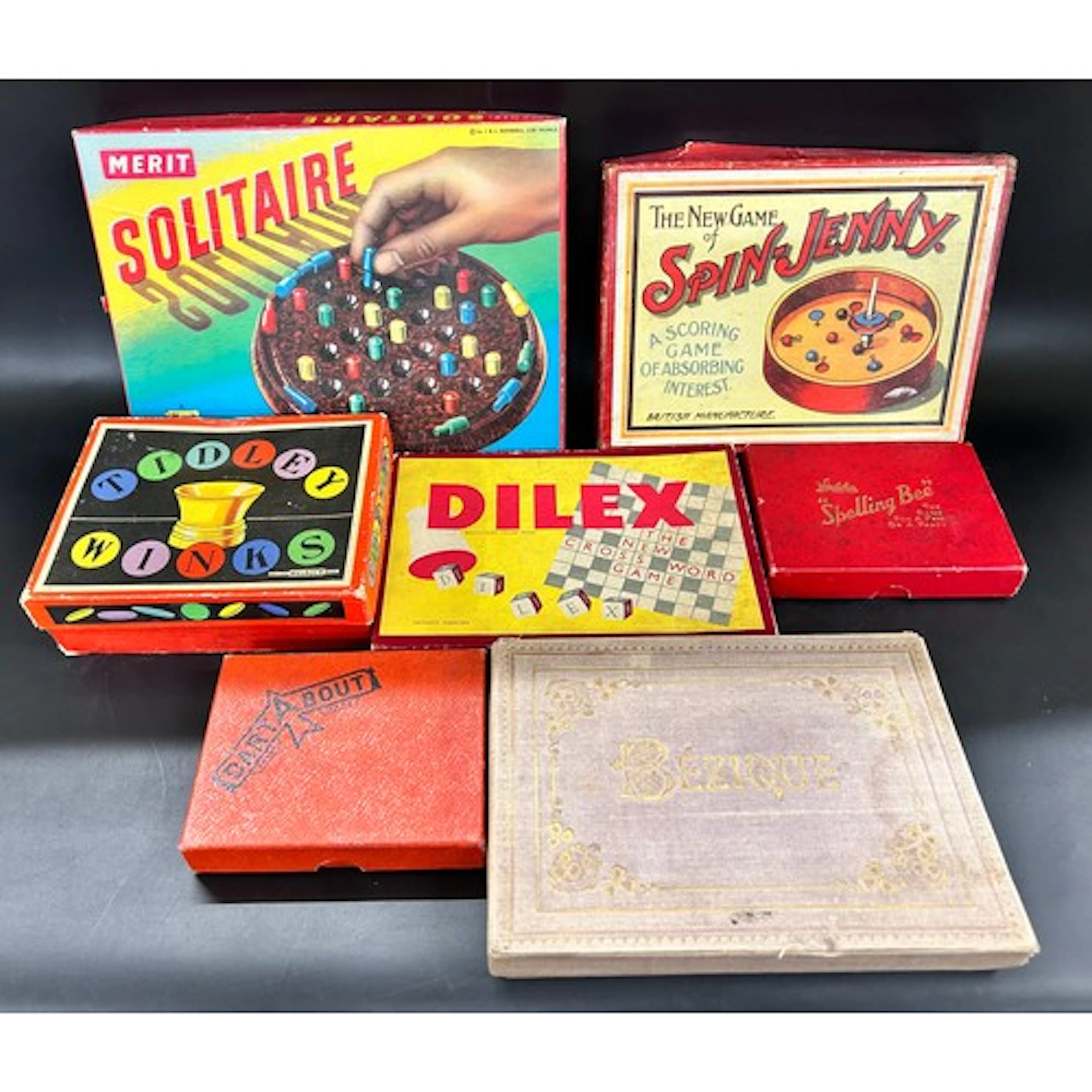 Seven children's games from the 1950s in original boxes to i...