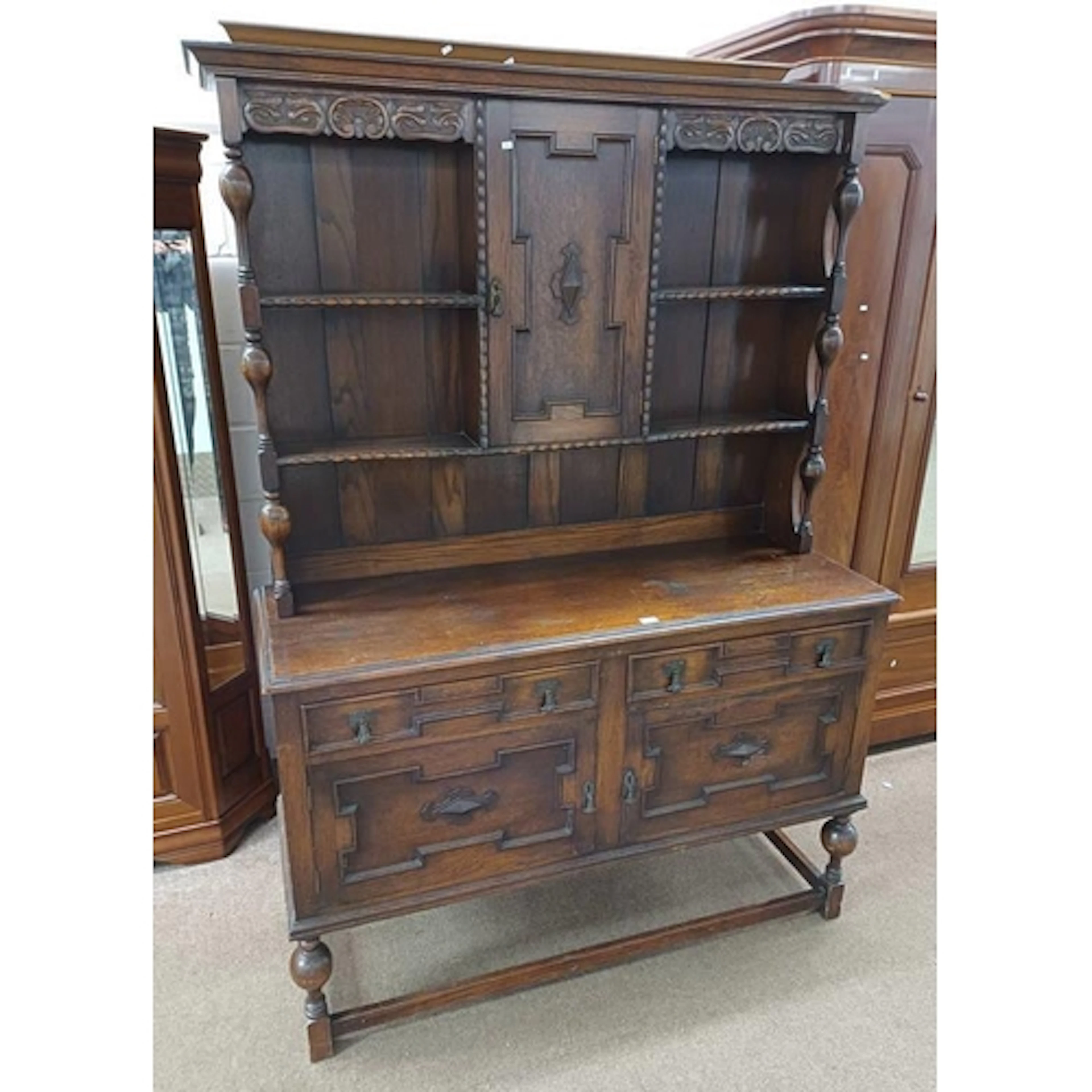 ARTS & CRAFTS STYLE OAK WELSH DRESSER, THE SHELF BACK WITH C...