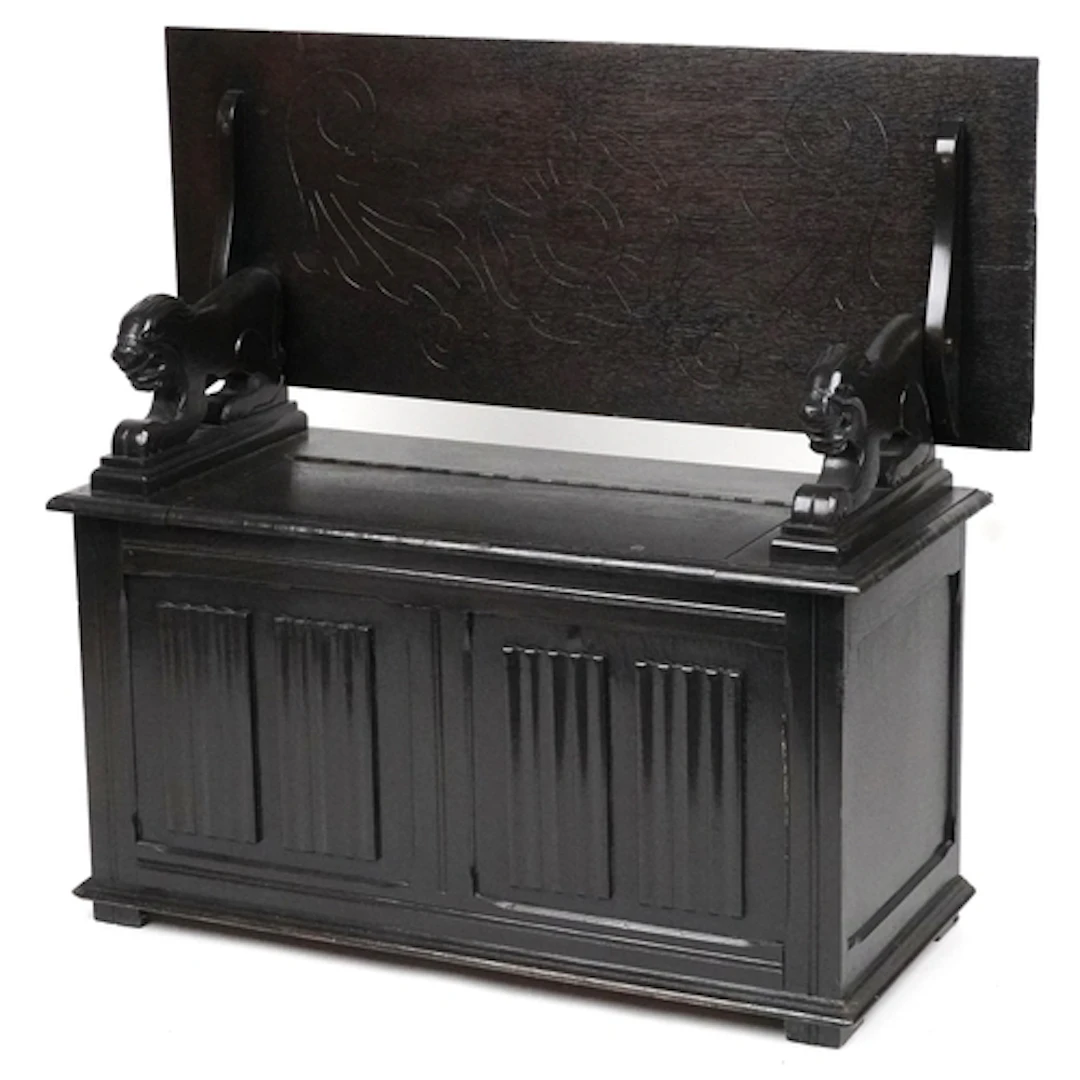Early 20th century carved oak monk's bench, the hinged back ...