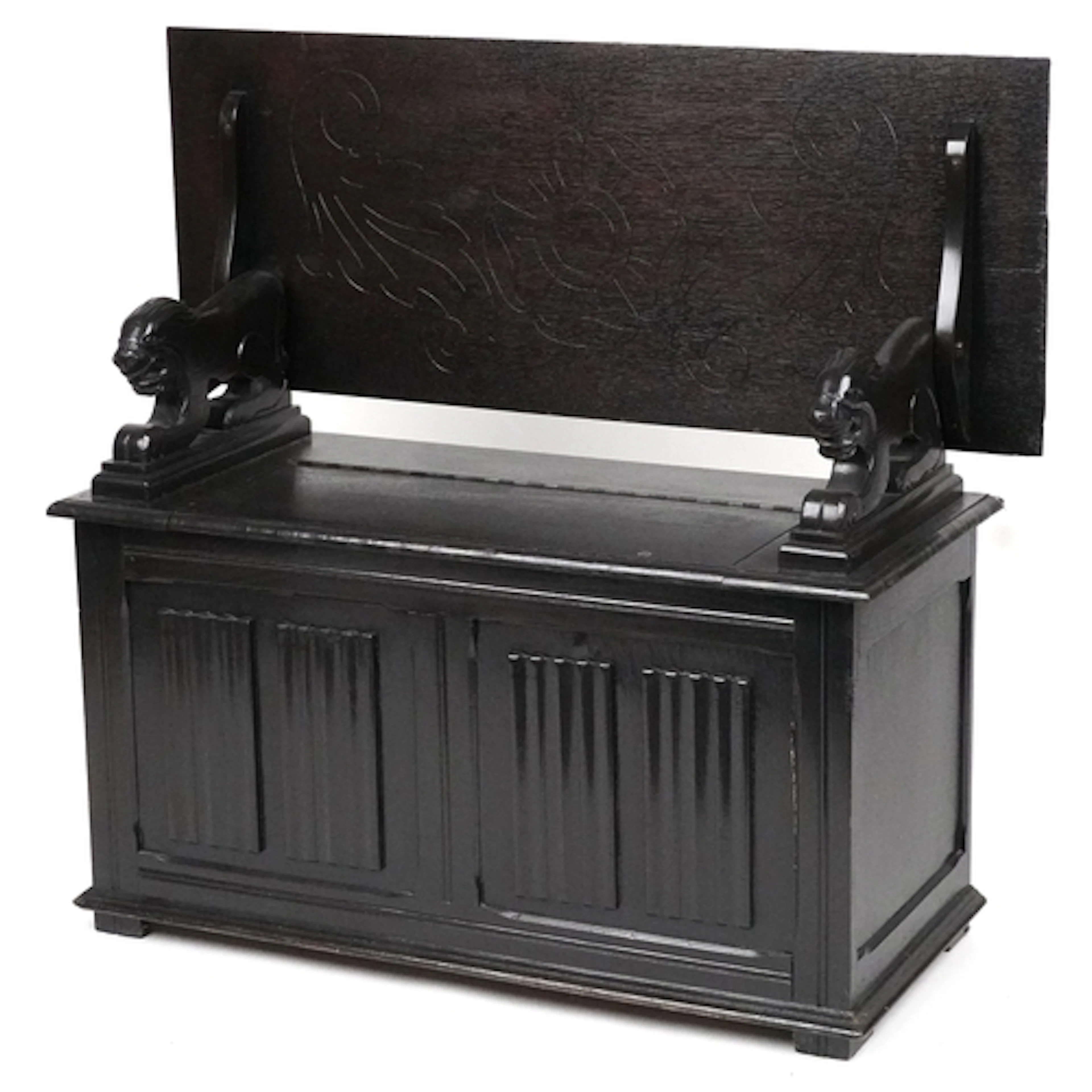 Early 20th century carved oak monk's bench, the hinged back ...