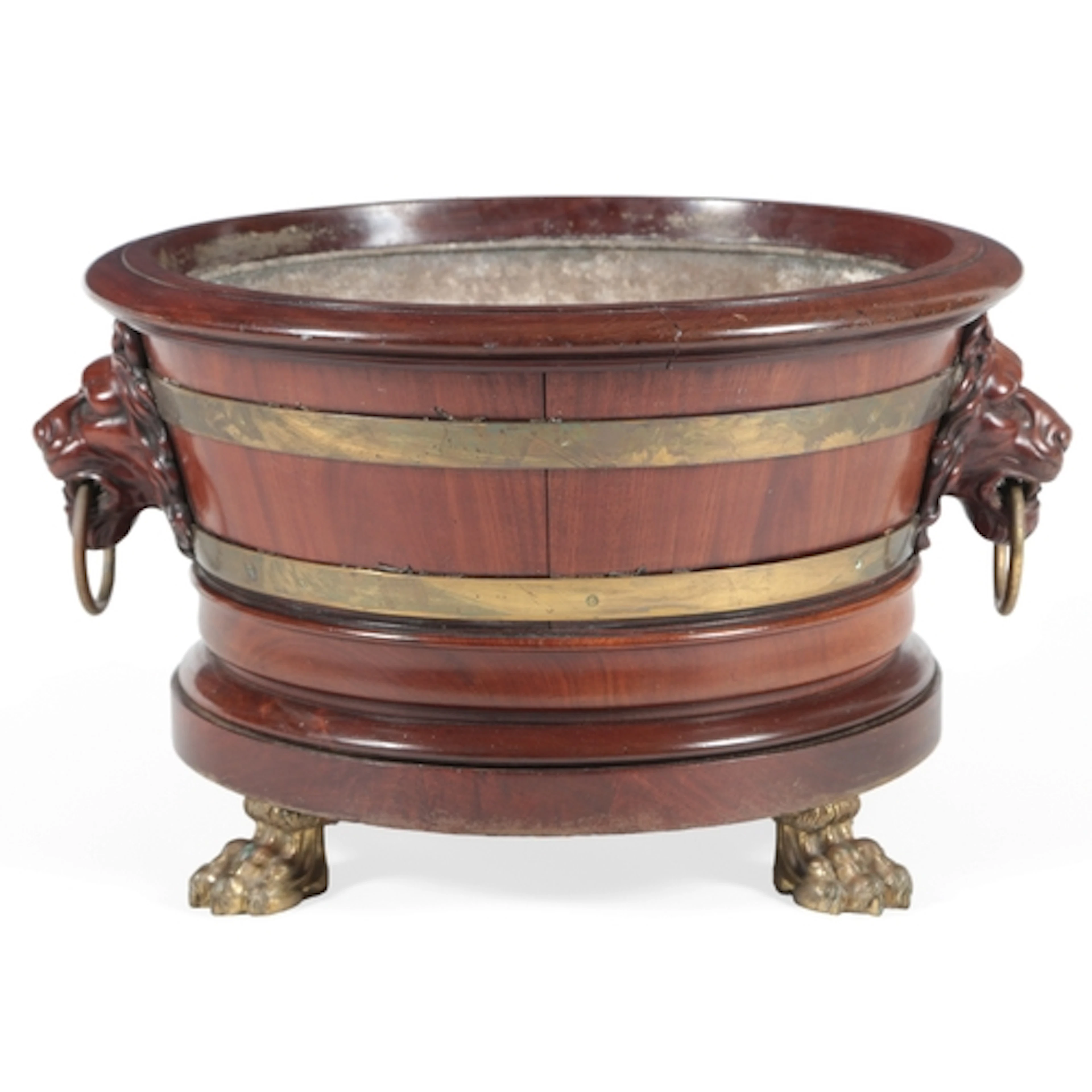 A Regency mahogany and brass bound wine cooler or jardinière...