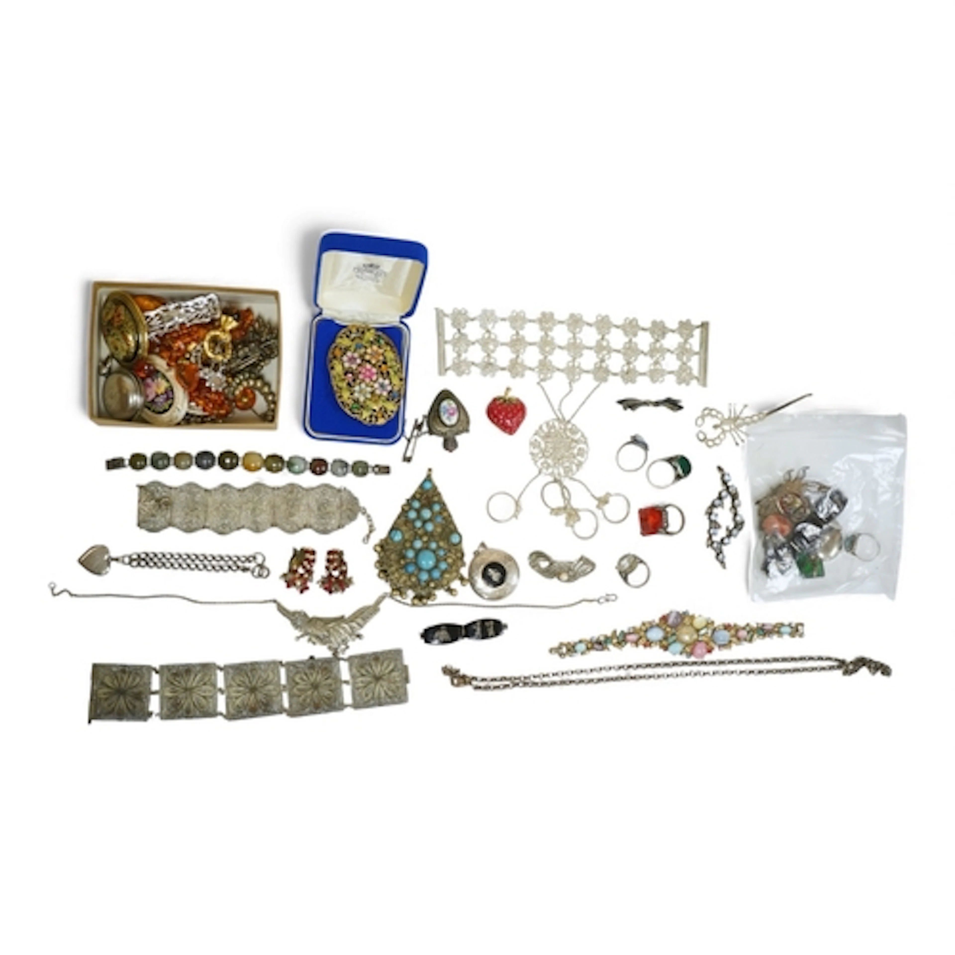 A large collection of silver and costume jewels, including a...