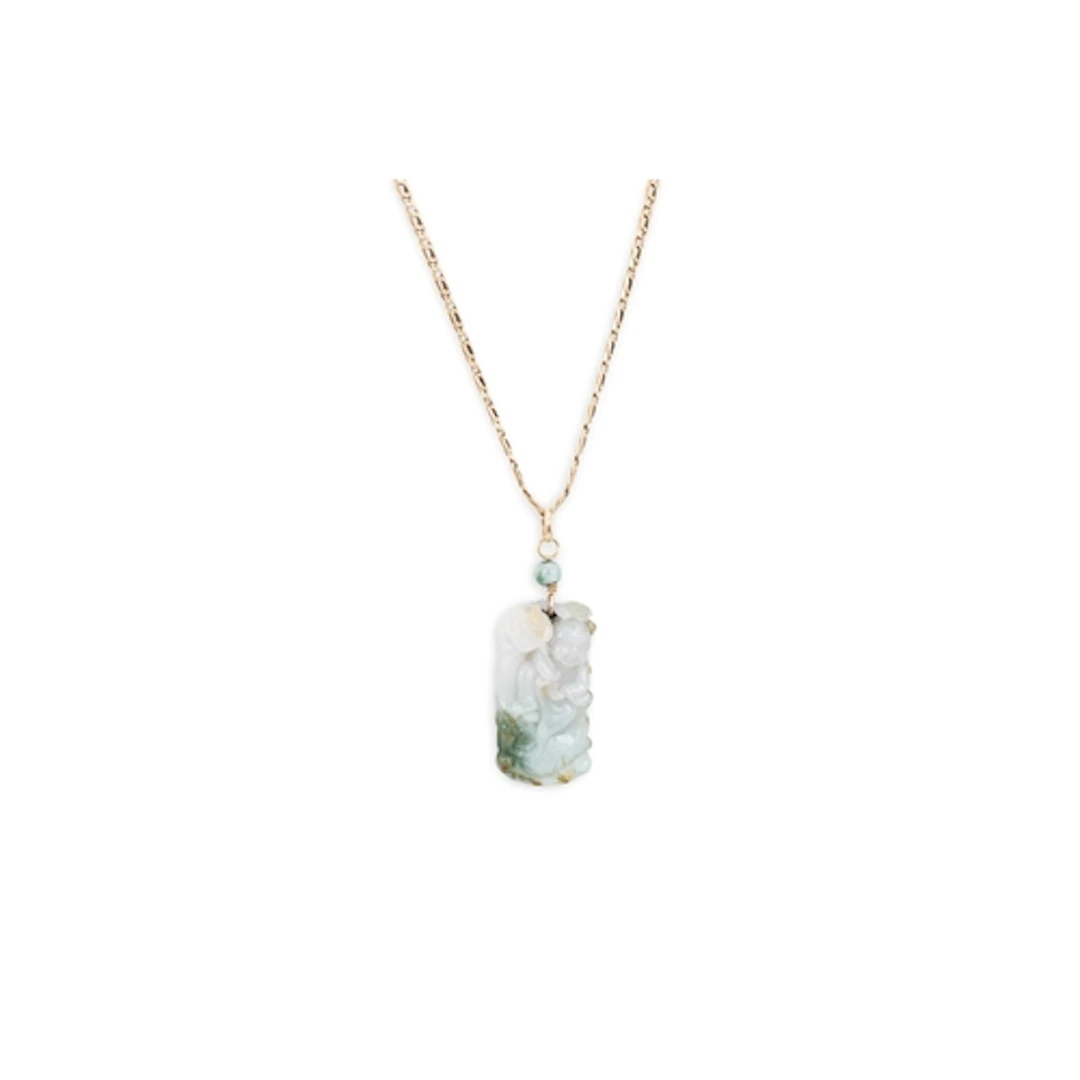 A CARVED JADE PENDANT, with a flat figaro 9ct gold neck chai...