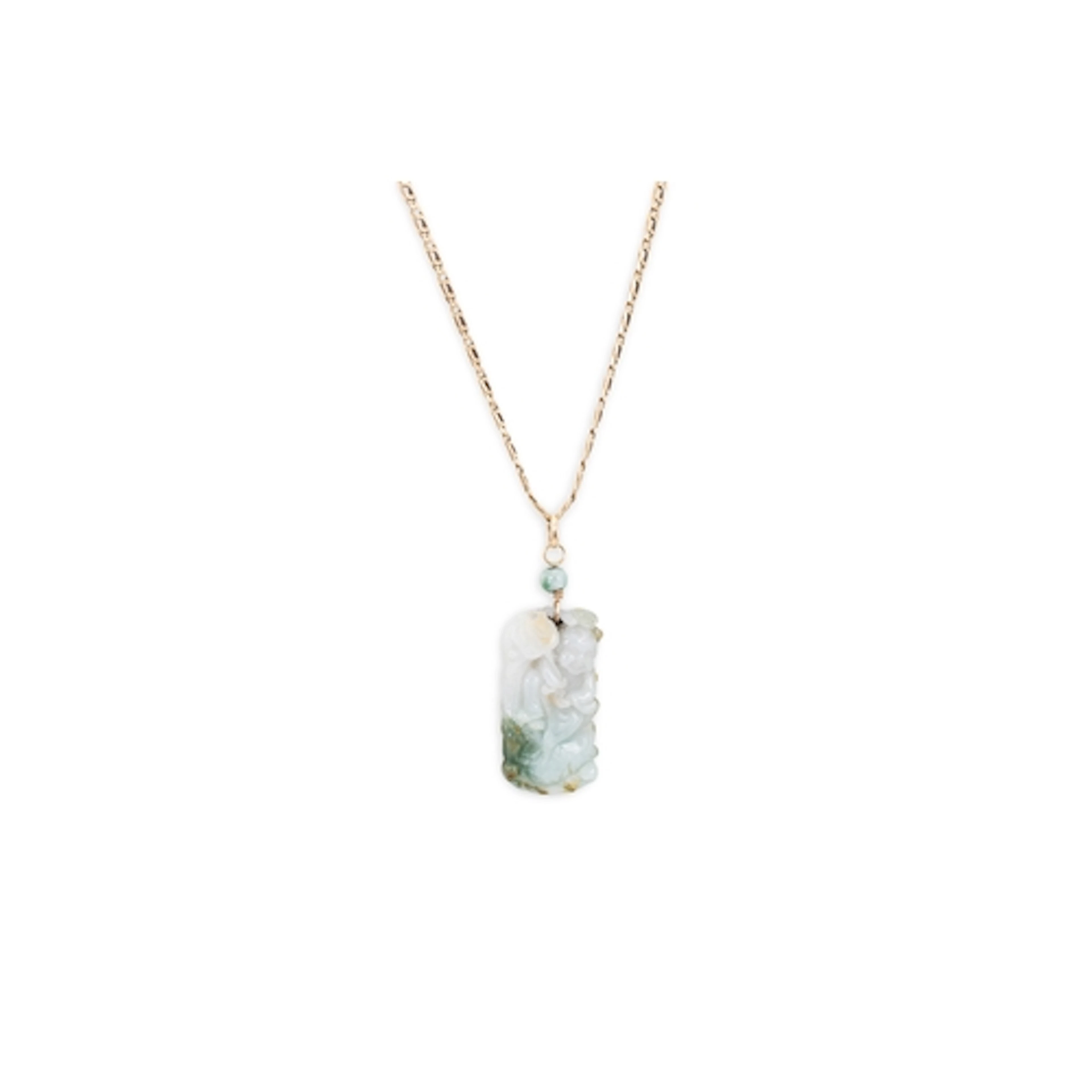 A CARVED JADE PENDANT, with a flat figaro 9ct gold neck chai...