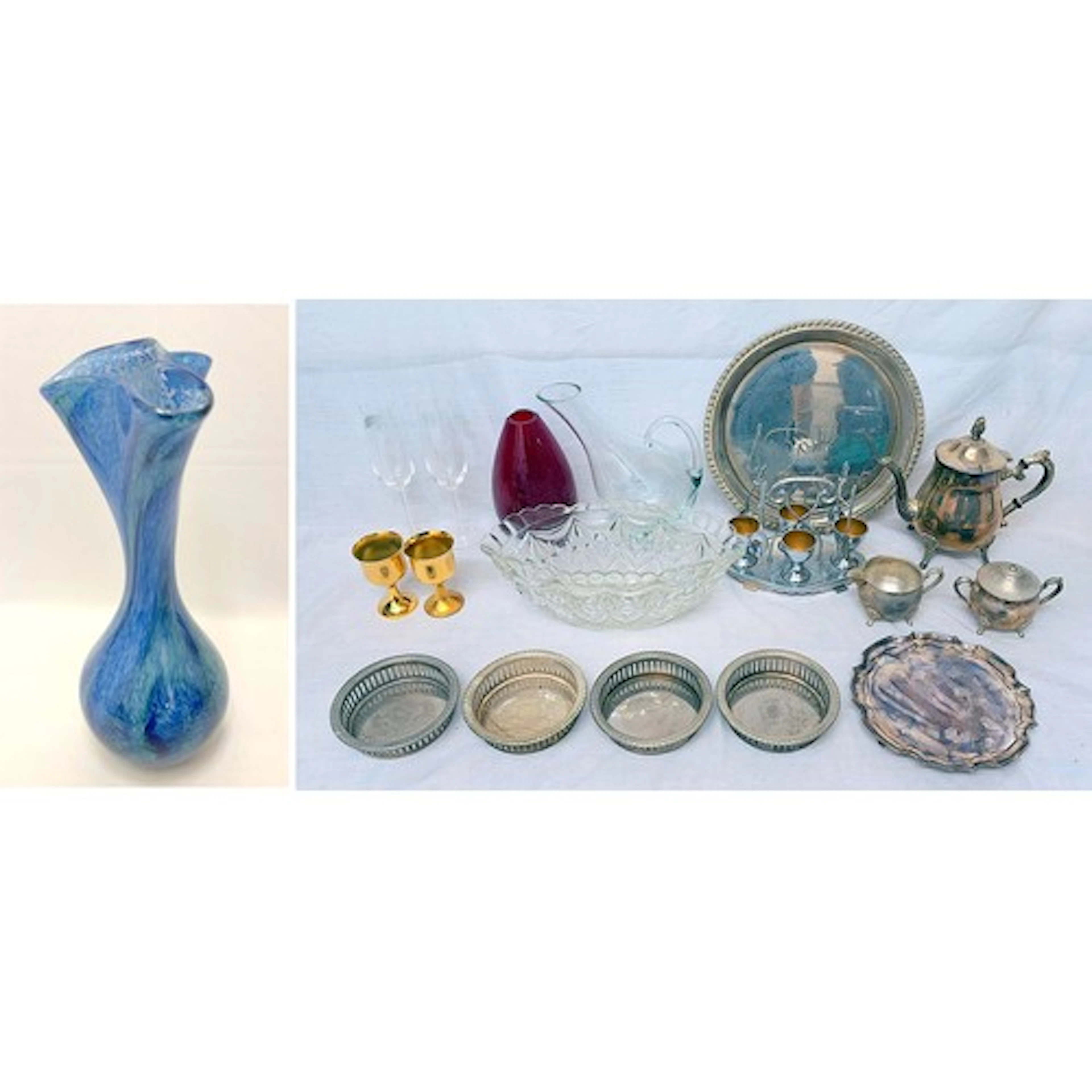 Hourglass Glass Vase, tapered blue & green speckled body wit...