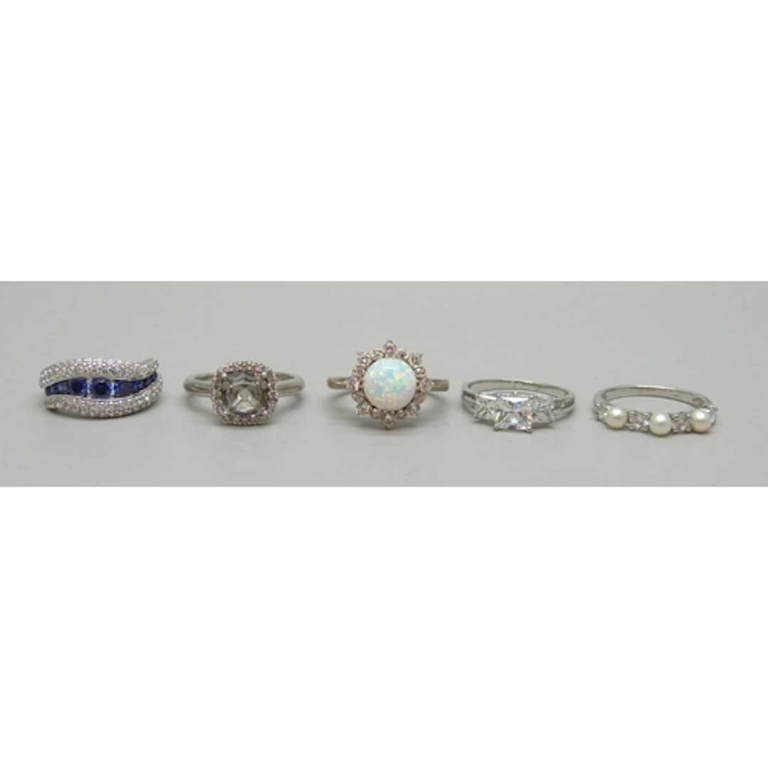 Five DQCZ silver stone set rings, 16g total