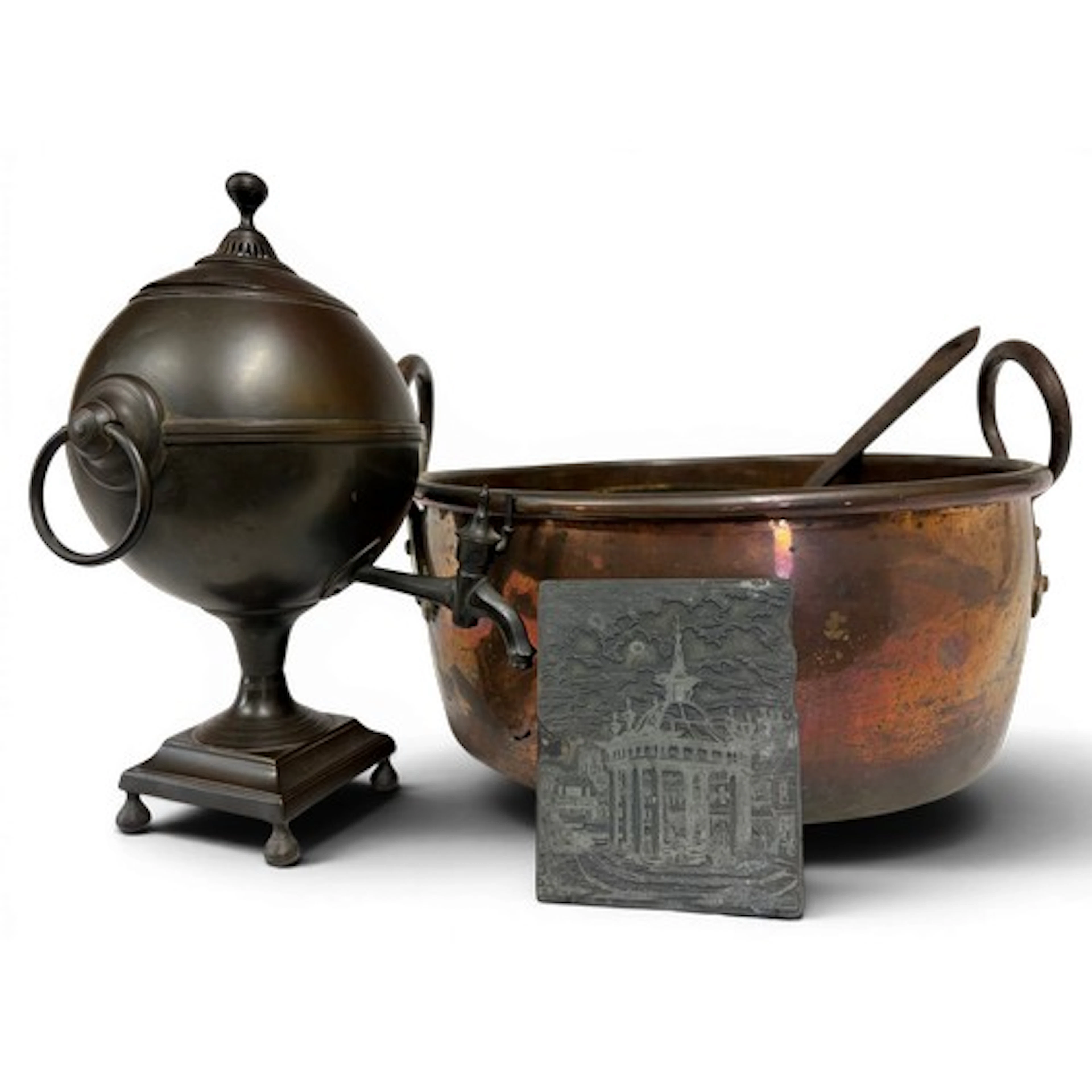 Collection of copper and brass to include large twin-handled...
