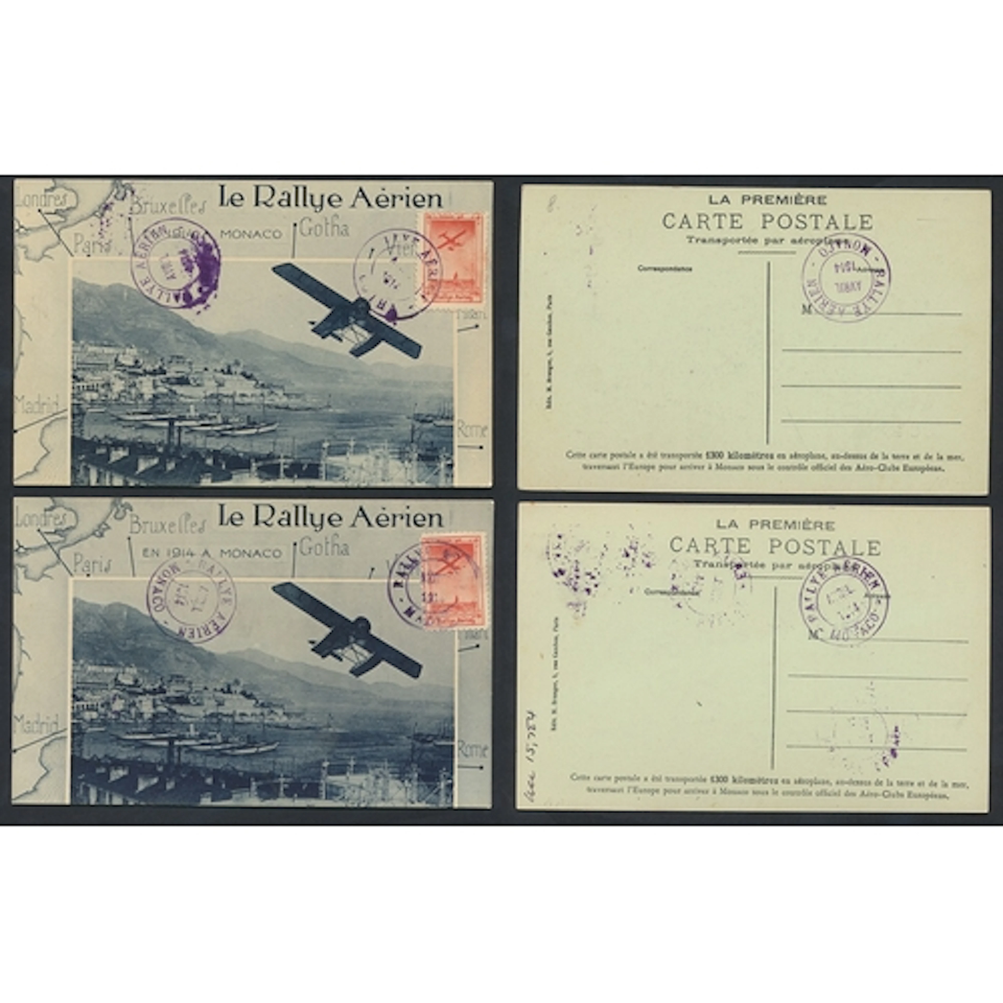 Monaco. 1914 Monaco Aerial Rally set of 4 postcards each wit...