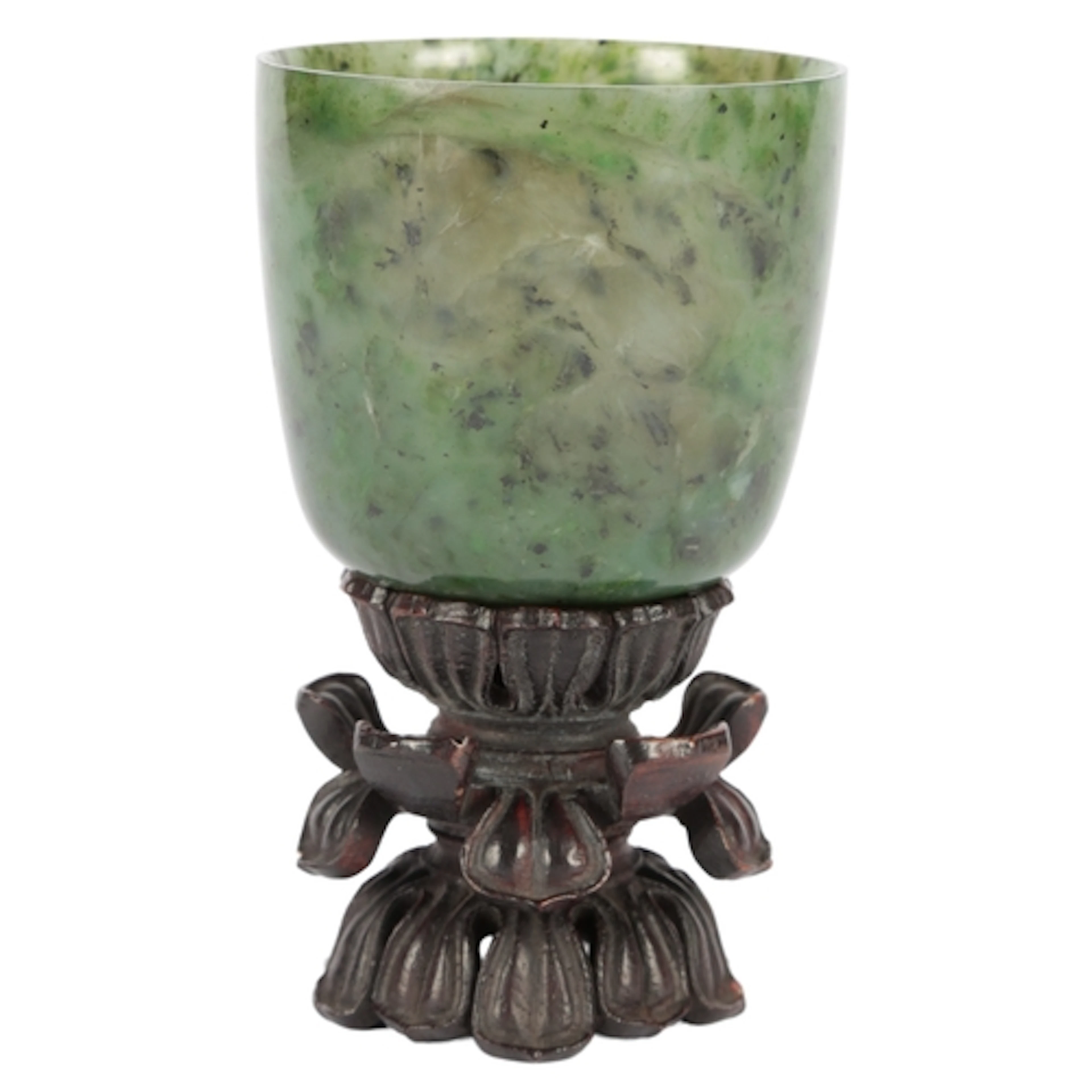 A Chinese spinach green jade cup, 18th century, the gently c...