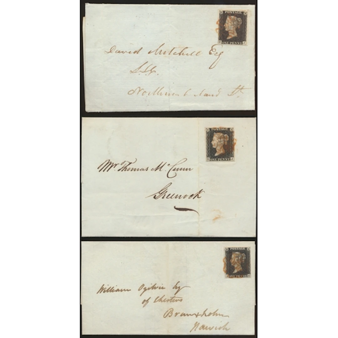 Line-Engraved trio of 3 1840 1d blacks on cover incl a plate...