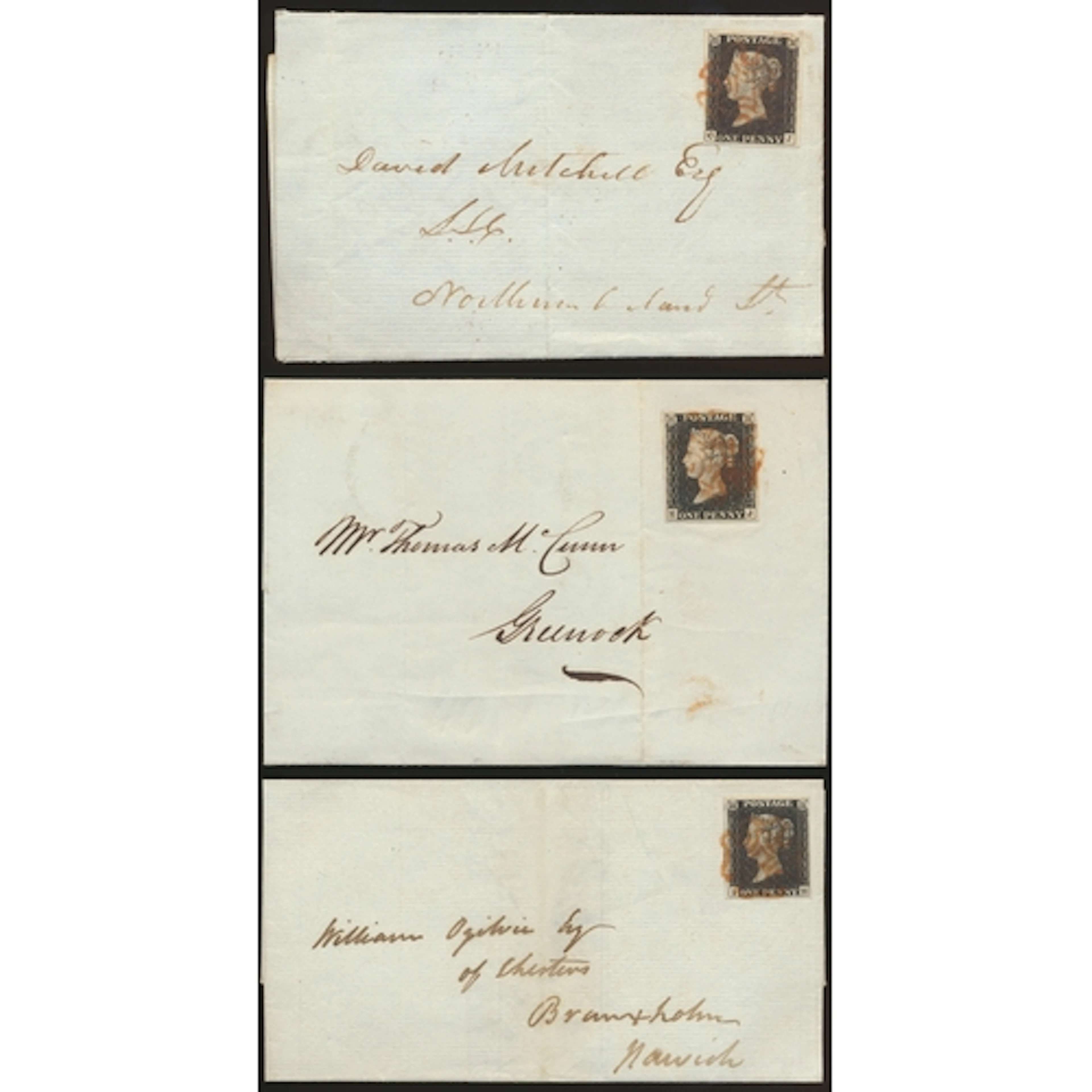 Line-Engraved trio of 3 1840 1d blacks on cover incl a plate...