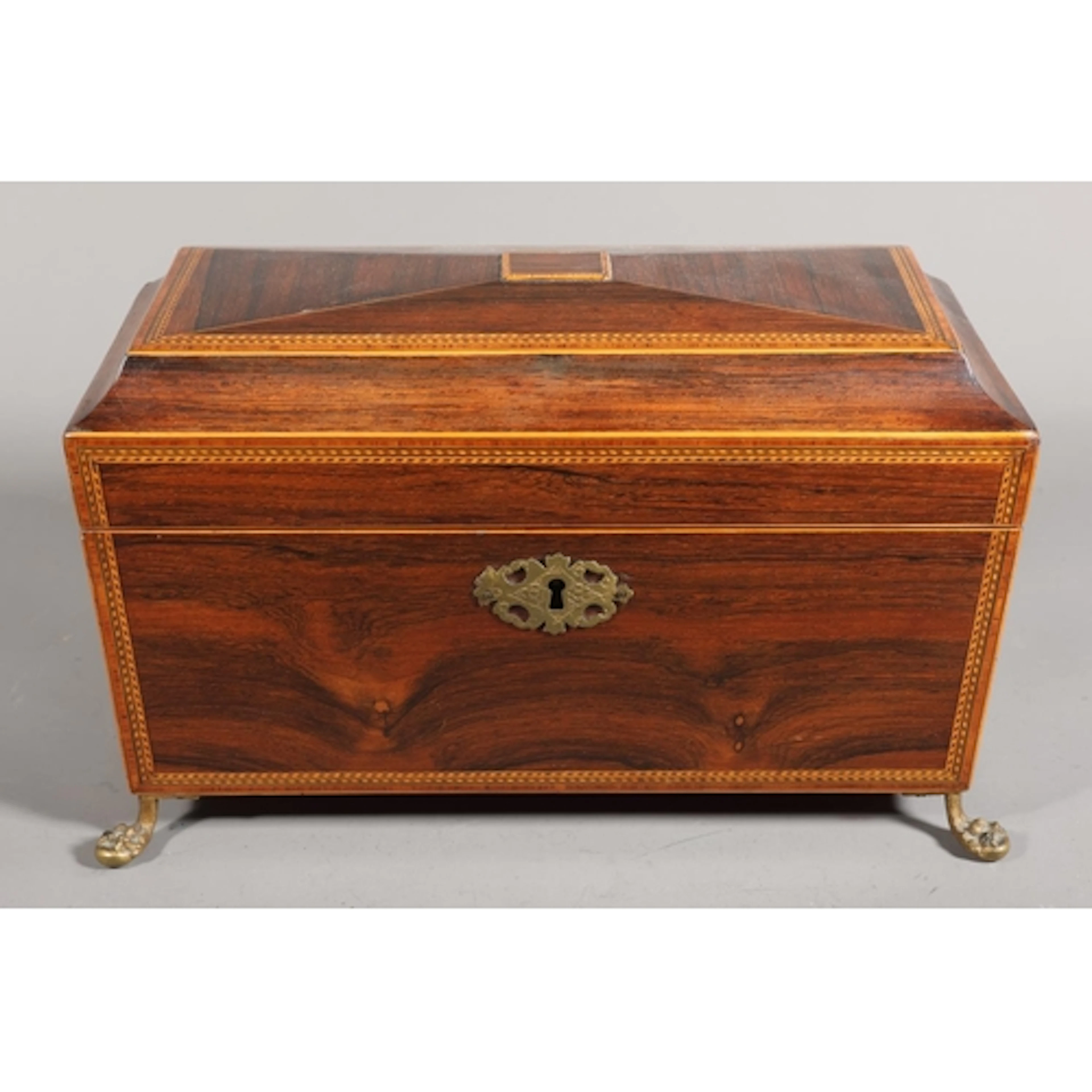 Antique rosewood and string inlaid tea caddy of sarcophagus ...