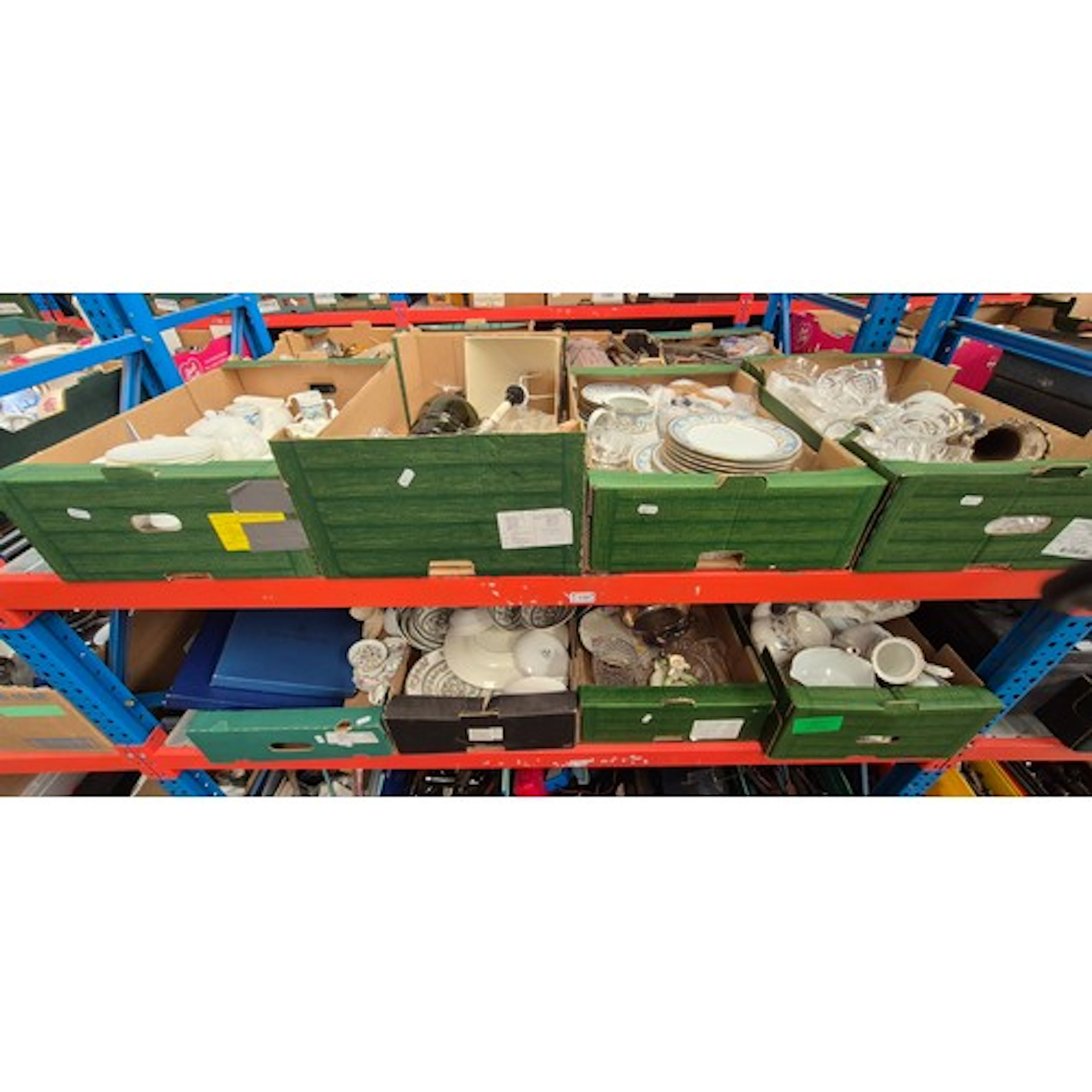 8 boxes of ceramics and glass (2 shelves) including Royal Al...
