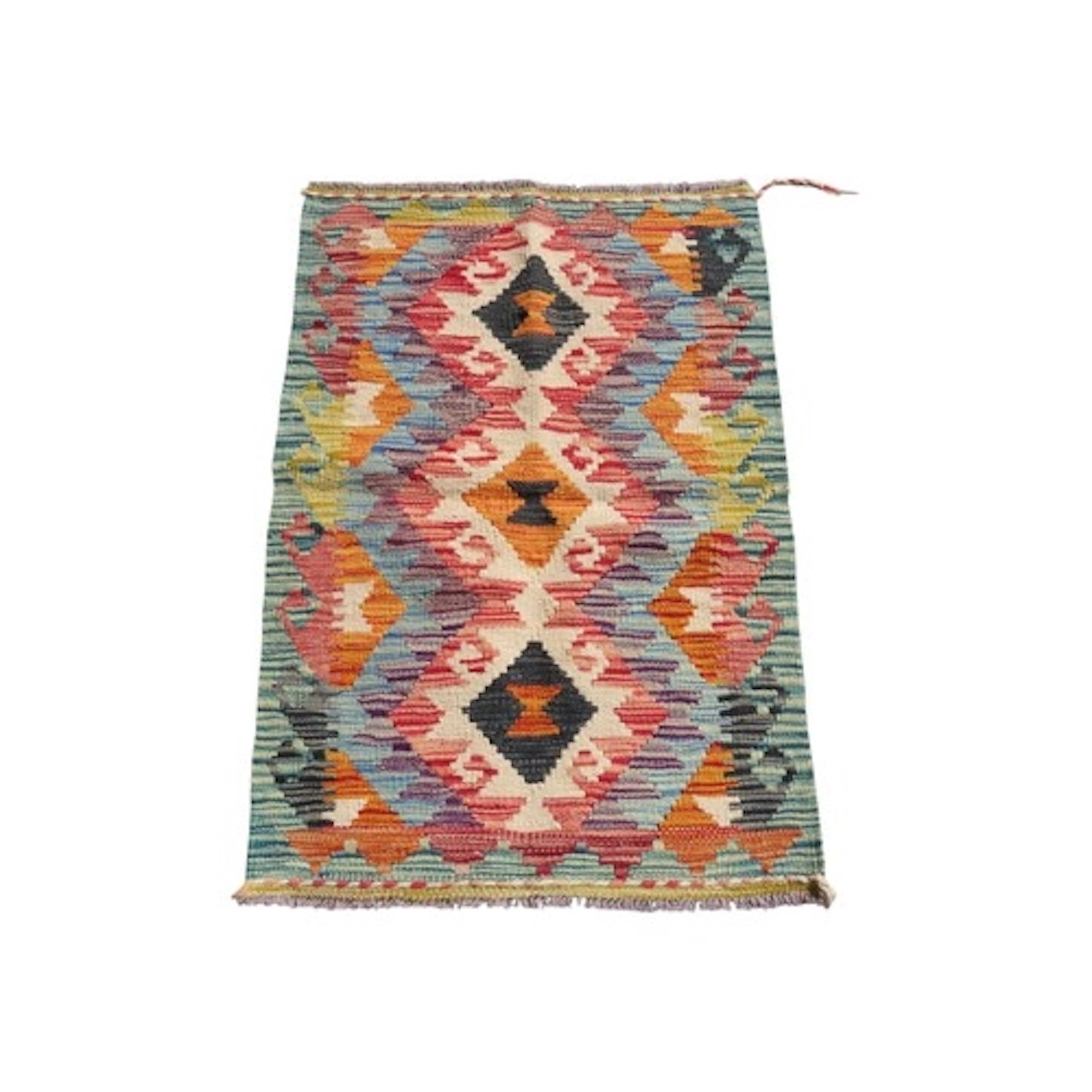 A small flat weave chobi kilim rug with geometric detail. 88...