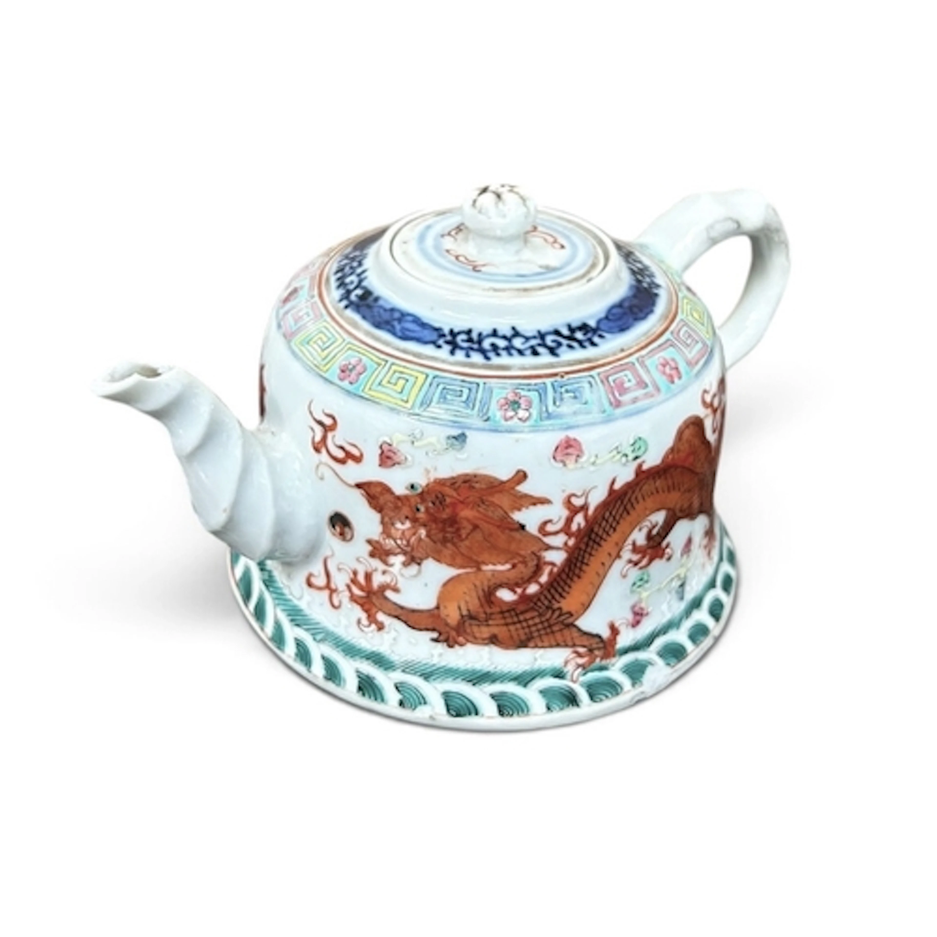 A CHINESE CERAMIC TEAPOT Decorated with a dragon. Six charac...