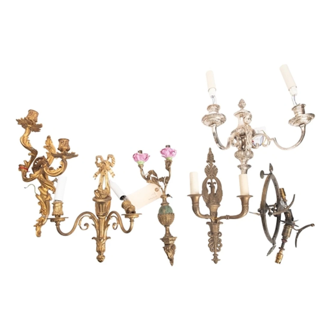 Six various metal twin light wall appliques, of differing pa...