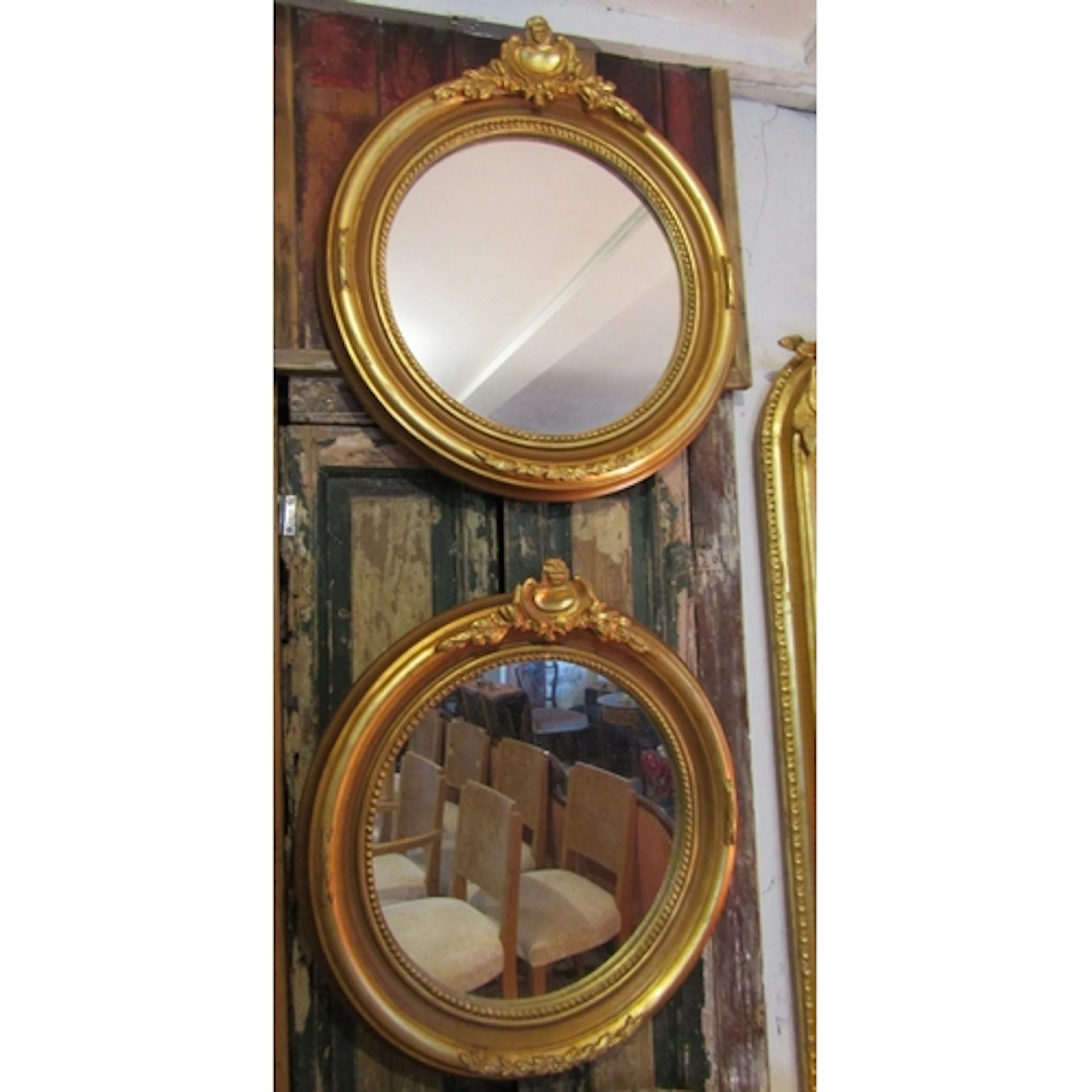 Pair of Gilded Circular Form Wall Mirrors Upper Cartouche De...