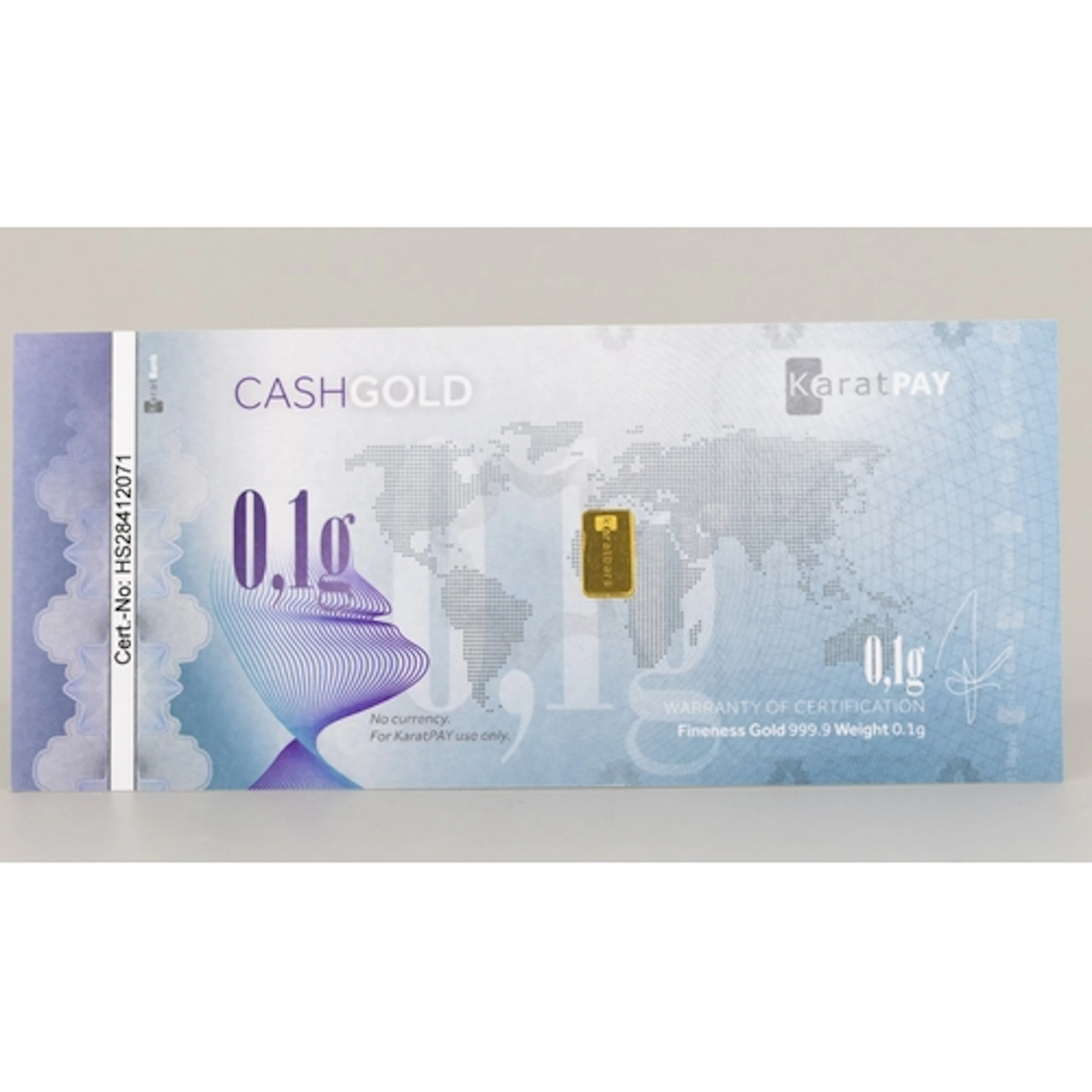 0.1g Fine 999,9 Gold Bar Laminated CashGold Note