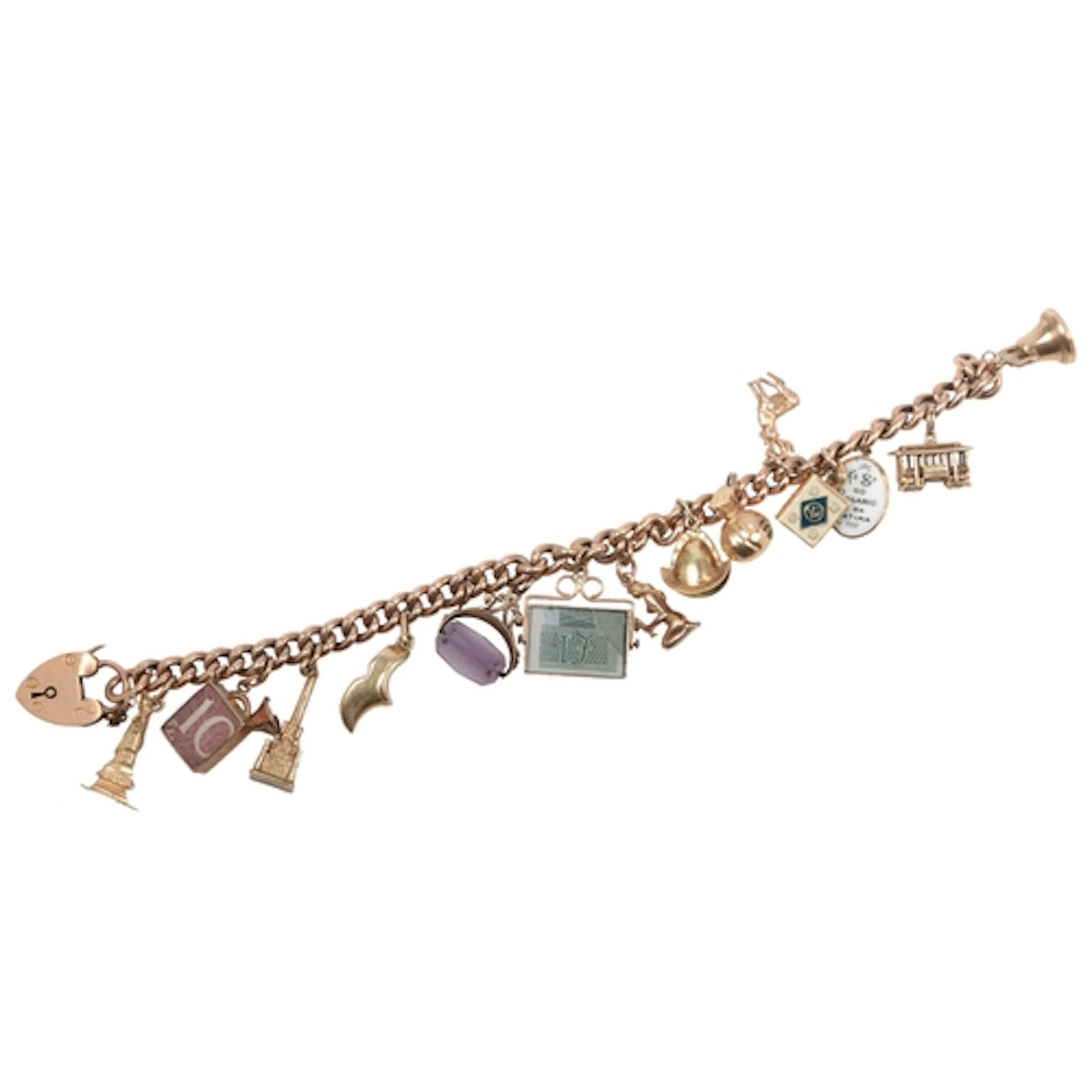 A gold charm bracelet, mid 20th century, the curb link brace...