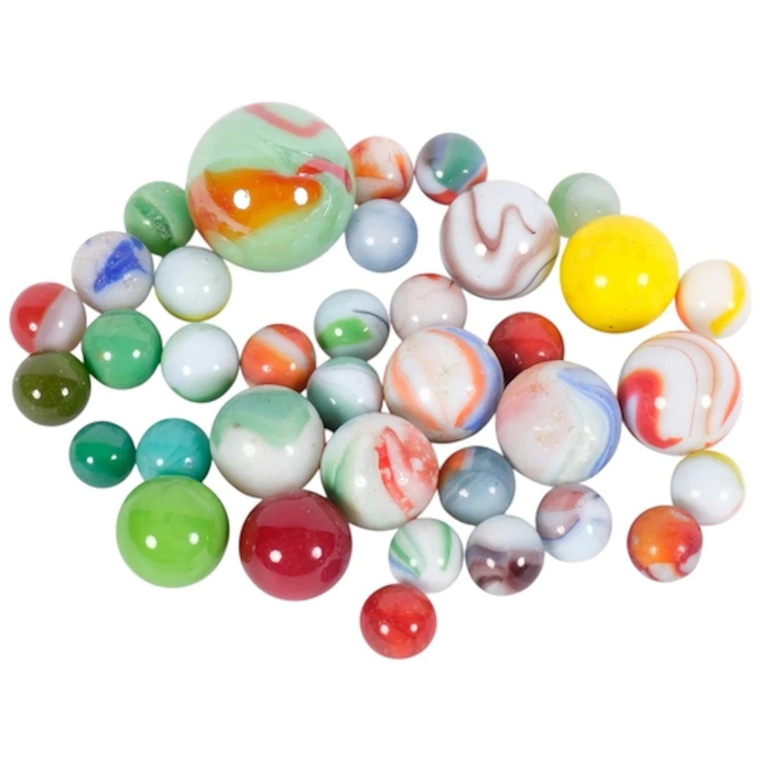 A collection of various glass marbles, including a shooter e...