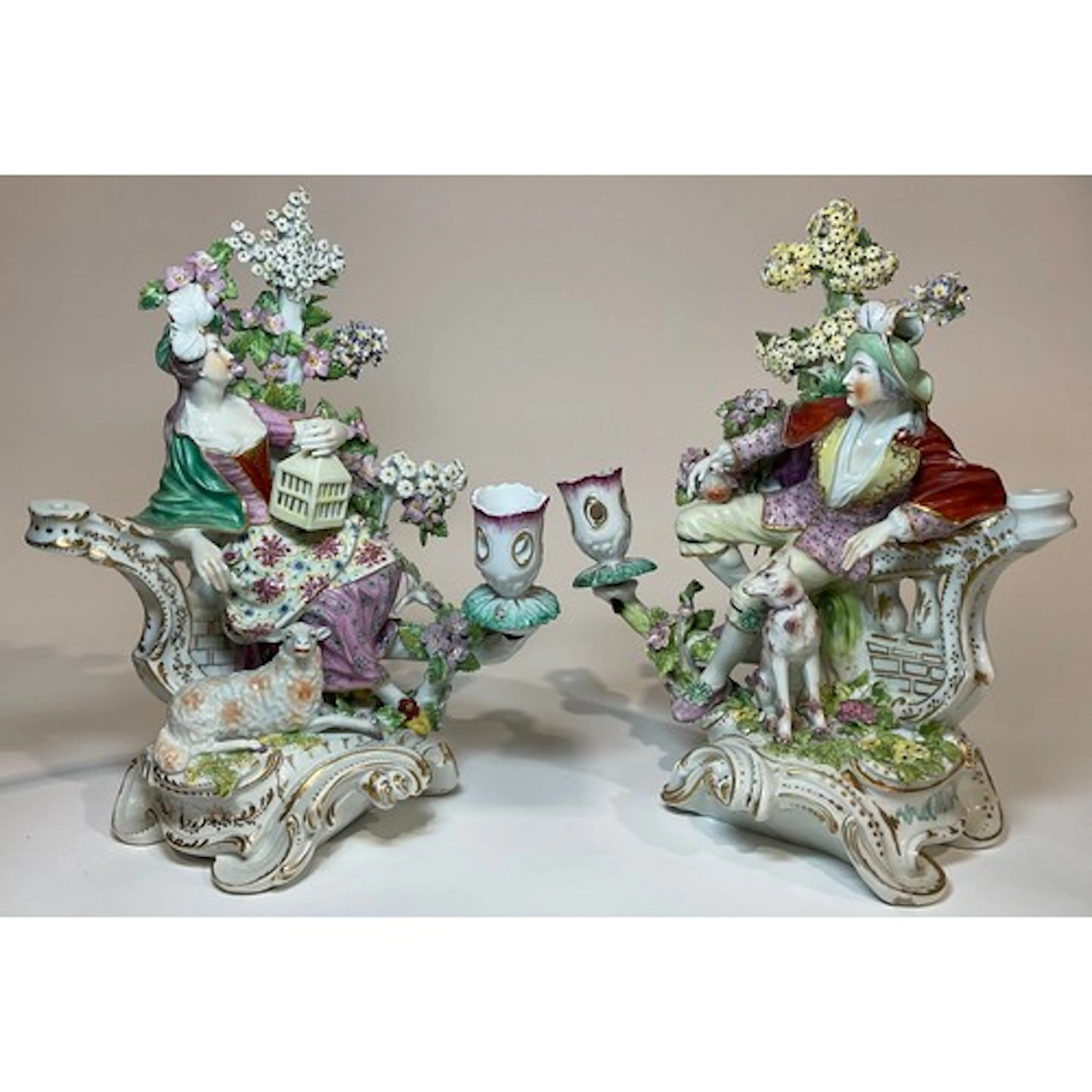 A pair of Derby figural candlesticks, Liberty and Matrimony,...